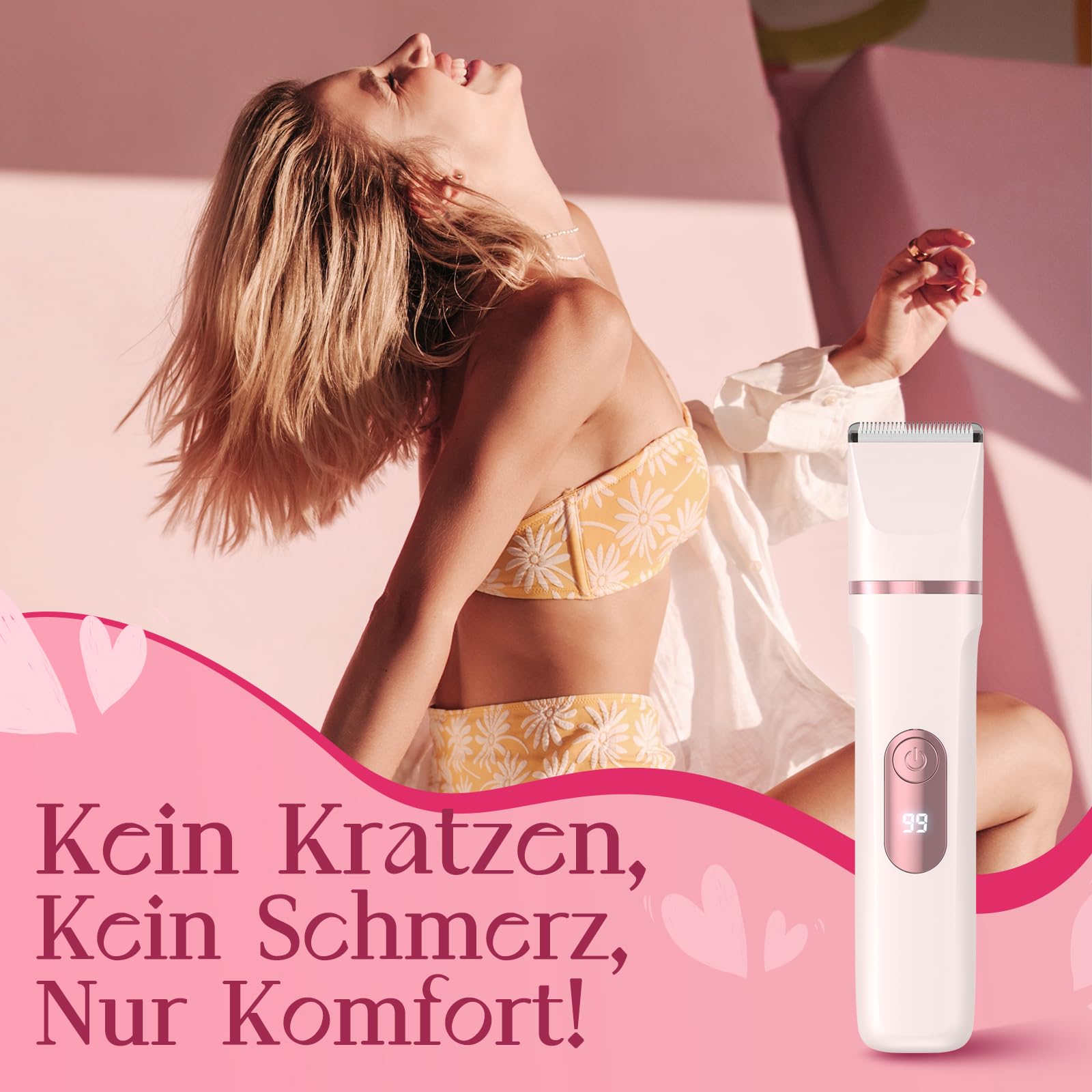 Rasierer Damen, 3-in-1 Intimrasierer für Frauen, für Körper & Intimbereich mit LED-Anzeige, Damenrasierer elektrisch IPX7, Wiederaufladbar mit USB-Ladestation, Trimmer Damen nass & trocken, Rosa