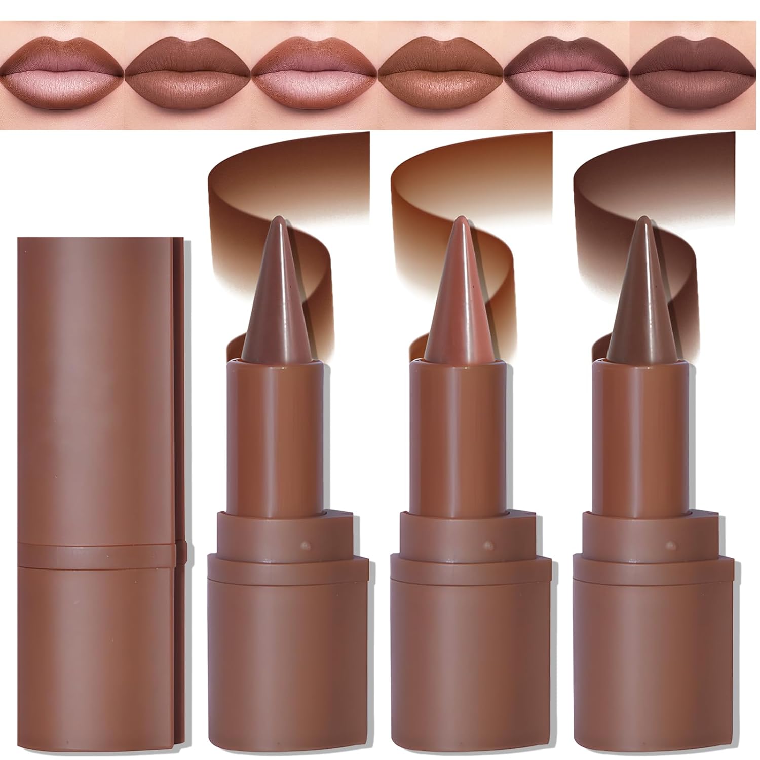 3 Colors Brown Lip Liner 2 in 1 Nude Dark Brown Black Lip Liner and Lipstick Lip Combo Set Matte Creamy Lip Contour Pencil with Cone Tip High Pigmented Non-Smudging Long-Lasting Lipstick Makeup