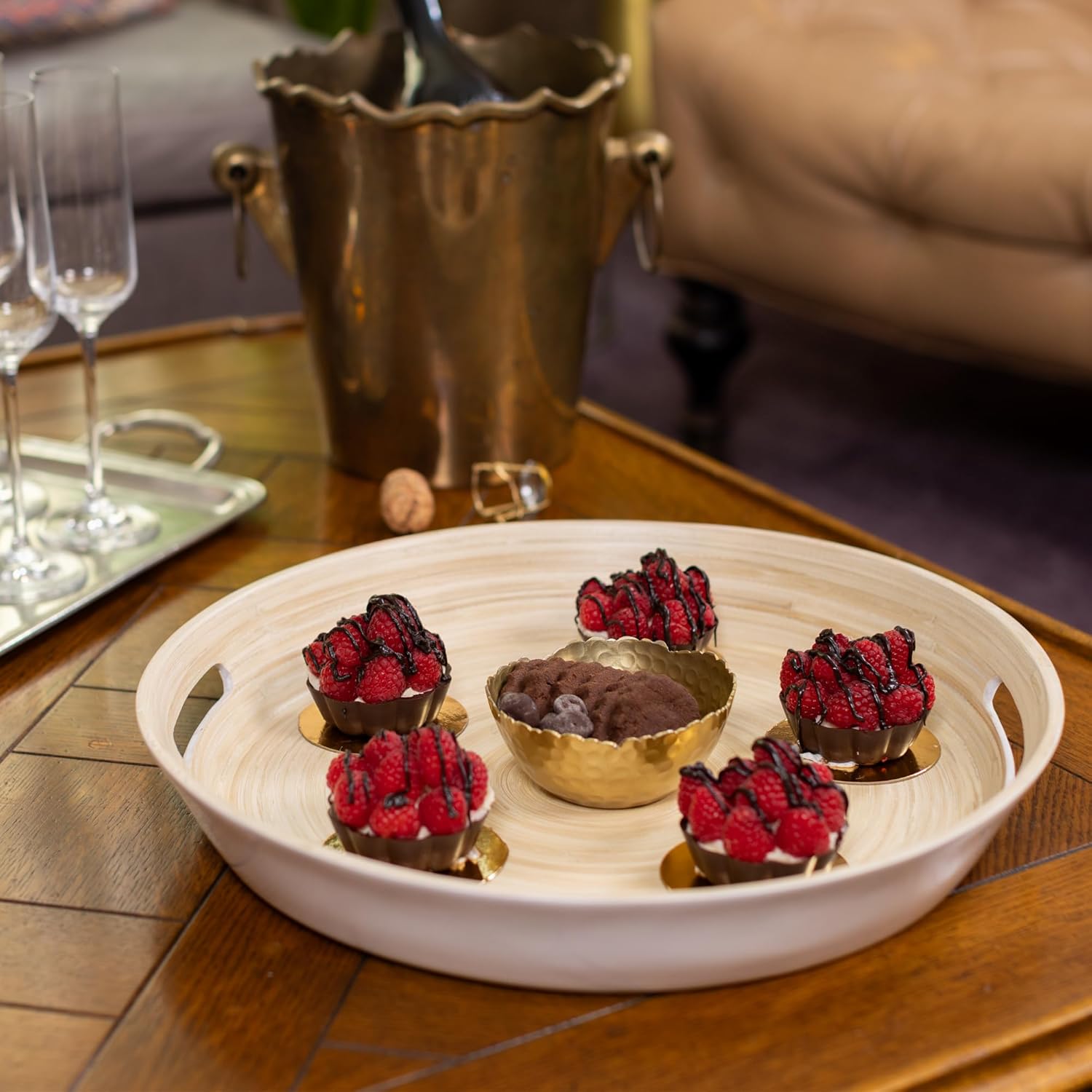 LEXA 15.7" Bamboo Round Serving Tray with Handles – Large Handcrafted Wooden Tray for Food, Ottoman, Coffee Table, Kitchen, or Charcuterie, White