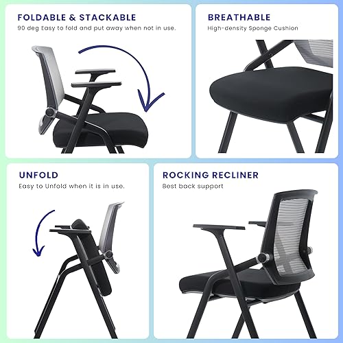 Miniatura 4 de Paquete de 2 sillas apilables para sala de conferencias con remo, silla de oficina plegable, respaldo de malla y brazos para conferencias,
