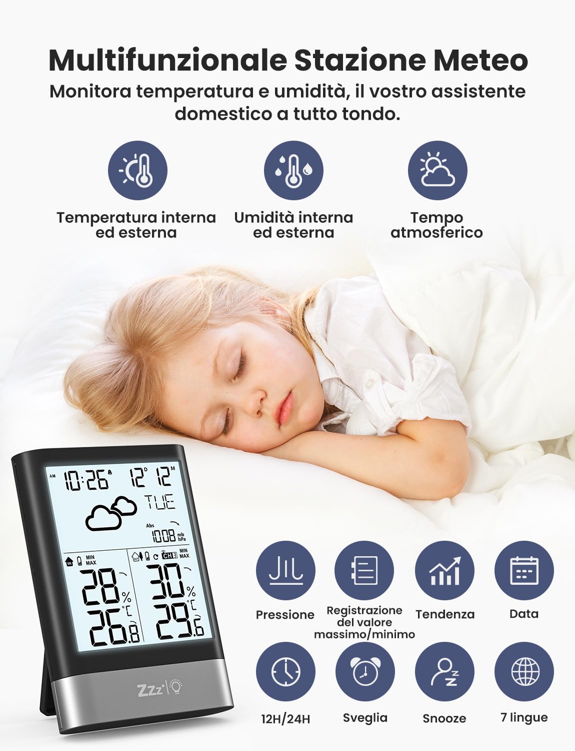 LIORQUE Stazione Meteo con Sensore Esterno, Stazione Meteorologica Wireless con Sveglia, Previsioni del Tempo, Data, Temperatura,Umidità, Retroilluminazione Regolabile, Nero (Batteria Inclusa)
