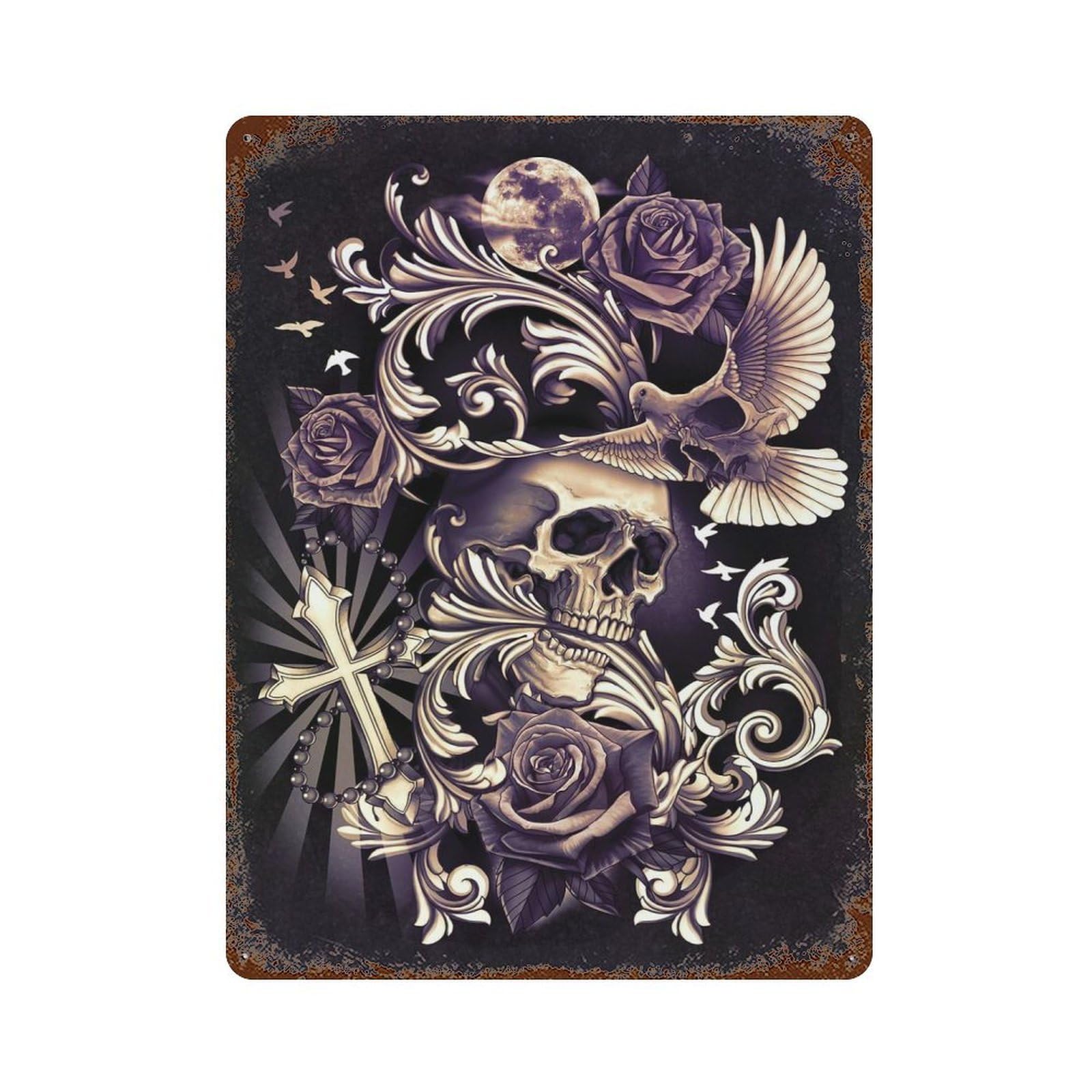 Skull with Dove Filigree Decorative Tin Sign 15.7"x11.8", for Bistro, Counter And Cafe Decor, Retro Wall Decor