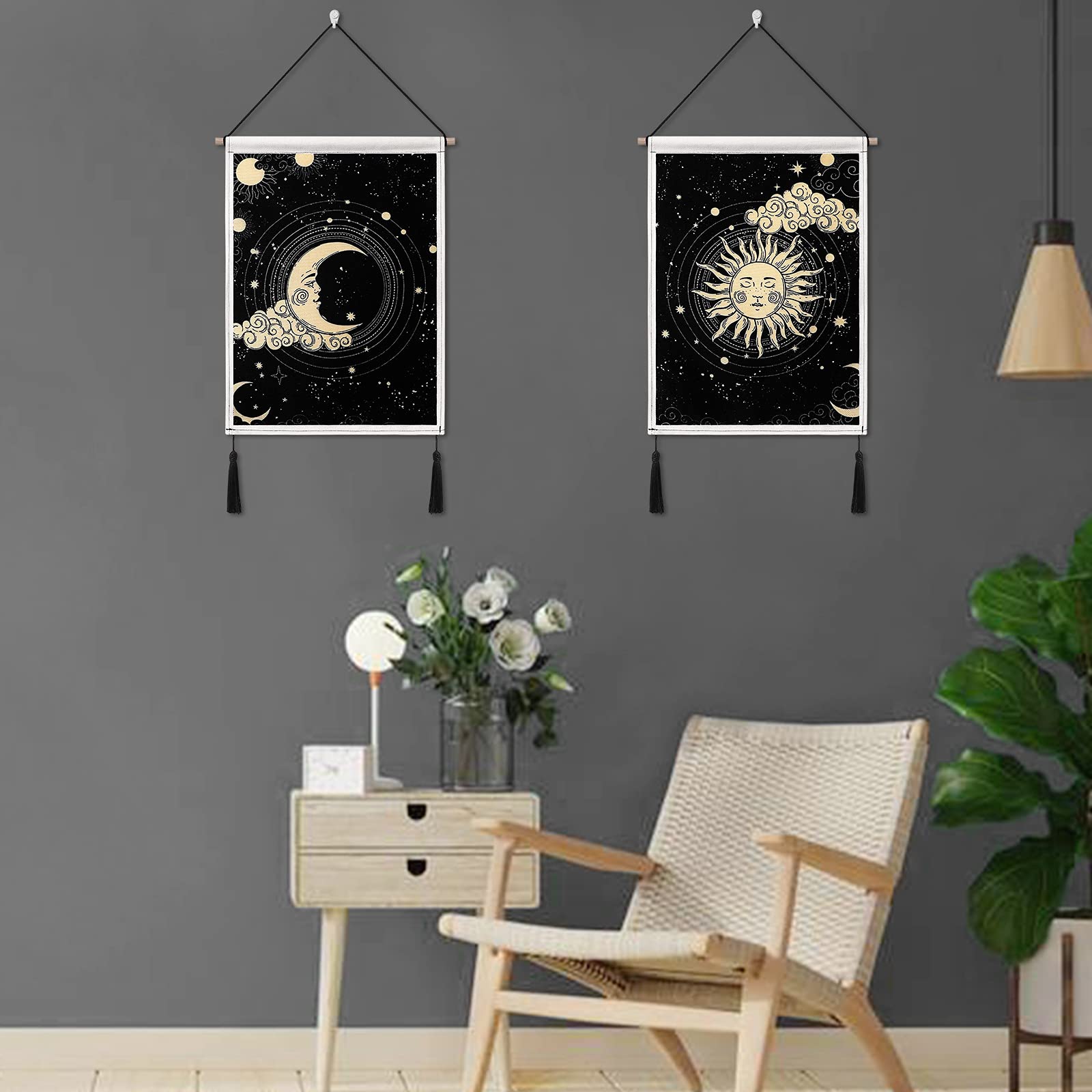 Set 3 Arazzi Tarocchi Sole Luna Stella - Tappeto Parete Vintage 38x50cm Con Occhielli In Metallo - Foto 8