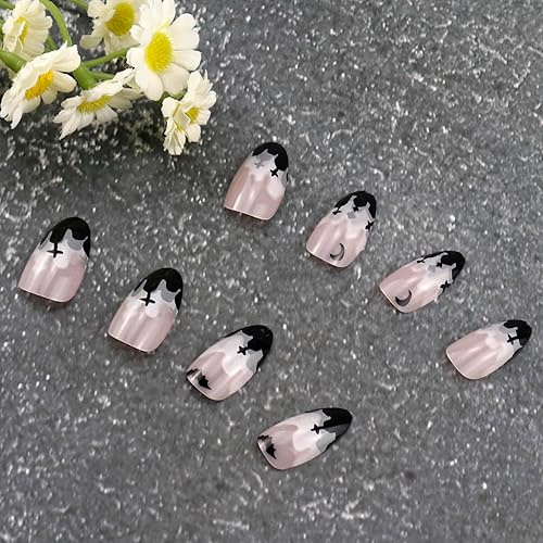 Miniatura 4 de Uñas postizas a presión para Halloween, color negro, uñas postizas a presión, color negro, almendra, cobertura completa, pegamento de uñas postizas