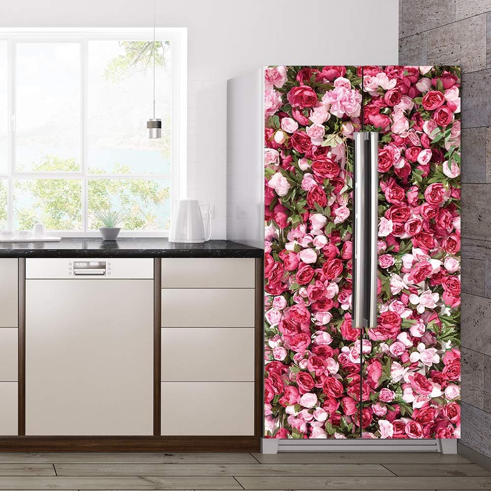 Nature Art Self Stick Vinyl Door Mural Sticker, Peel and Stick Removable Refrigerator Wrap Decal, Passionate Roses, 32.3x78.7, 2 Pcs Set
