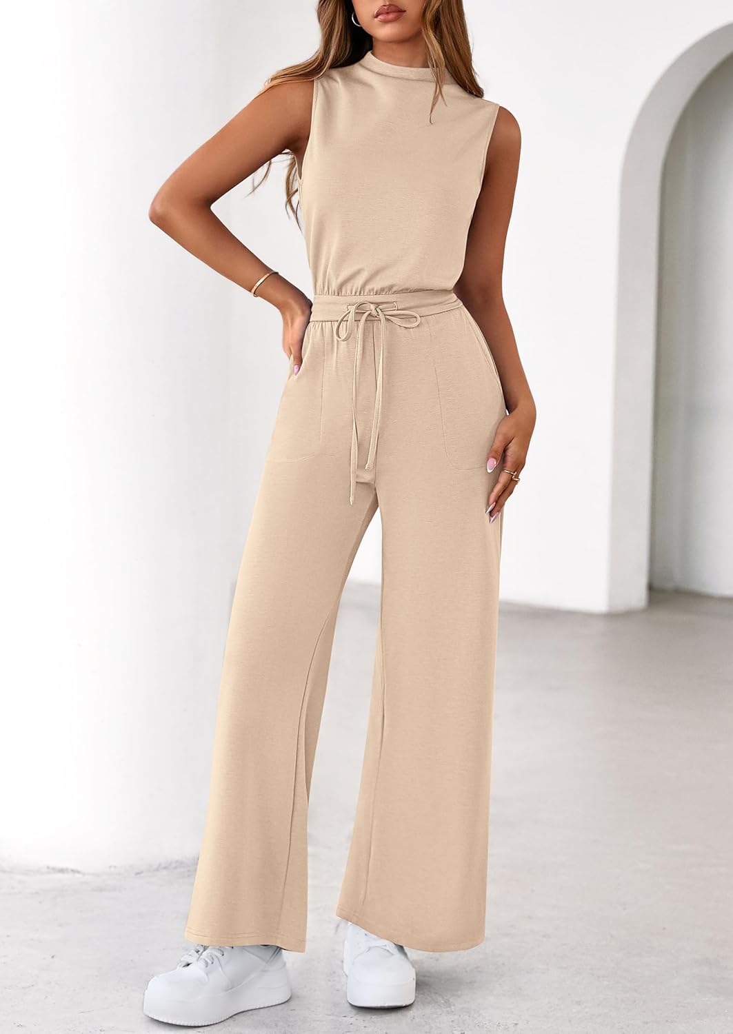 PRETTYGARDEN One Piece Jumpsuits for Women Dressy Summer Business Casual Outifts Sleeveless Mock Neck Wide Leg Rompers - Image 7