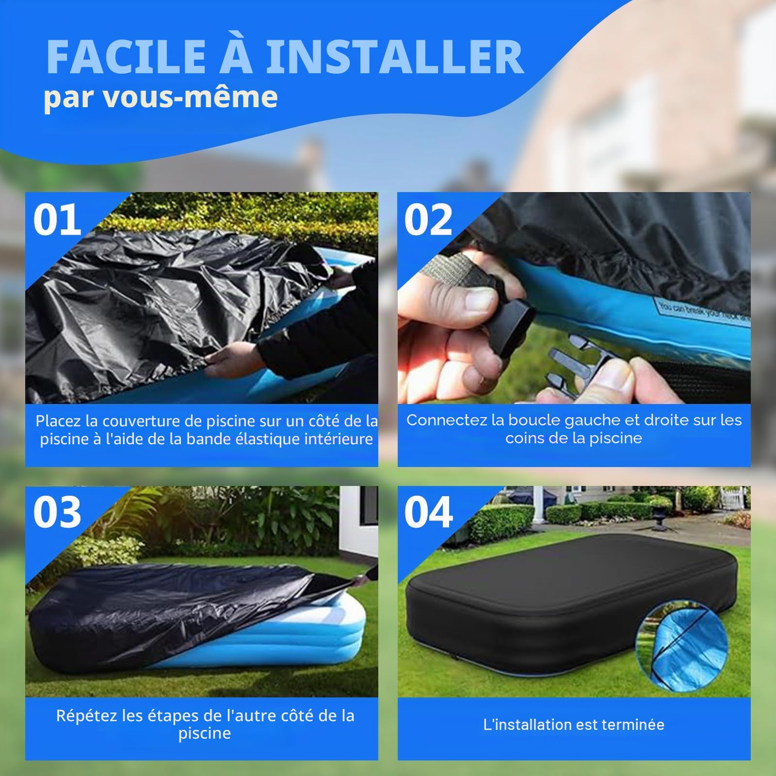 Bache Rectangulaire pour Piscines Gonflables | Avec Bande Élastique Intégrée Et Boucle Supplémentaire, Housse Rectangulaire Pour Piscines Hors-sol