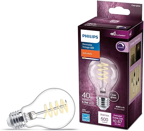 Espiral transparente vintage sin parpadeo A19, regulable, tecnología EyeComfort, 500 lúmenes, blanco suave (2700 K), 5.5 W  40 W, certificado título