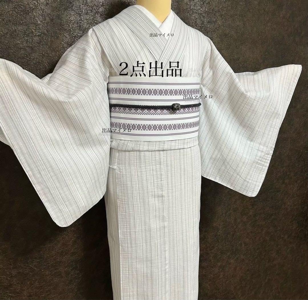 古典しじら織　浴衣　綿　粋な夏着物　縞柄　献上帯 半幅帯白　2点　0808① 古典しじら織 浴衣 綿 粋な夏着物 縞柄 献上帯 半幅帯