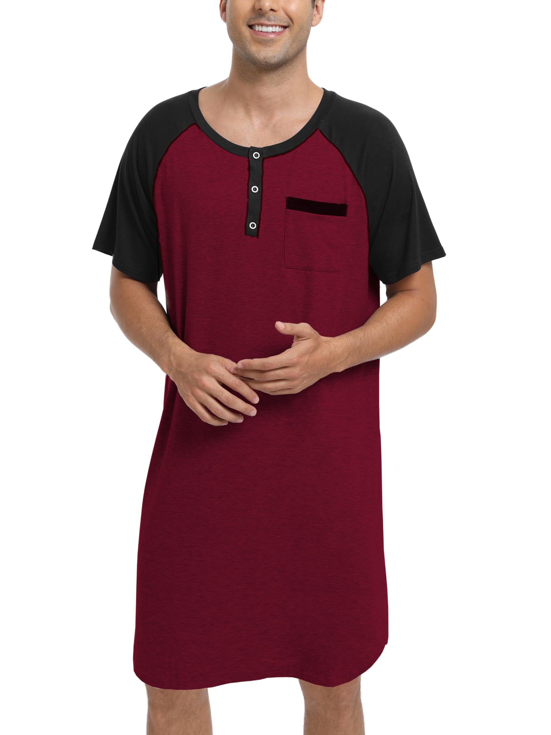 Enjoyoself Herren Nachthemd Kurzarm Baumwolle Langes Schlafshirt Leicht Luftig Pyjamaoberteil Nachtwäsche für Krankenhaus Spa