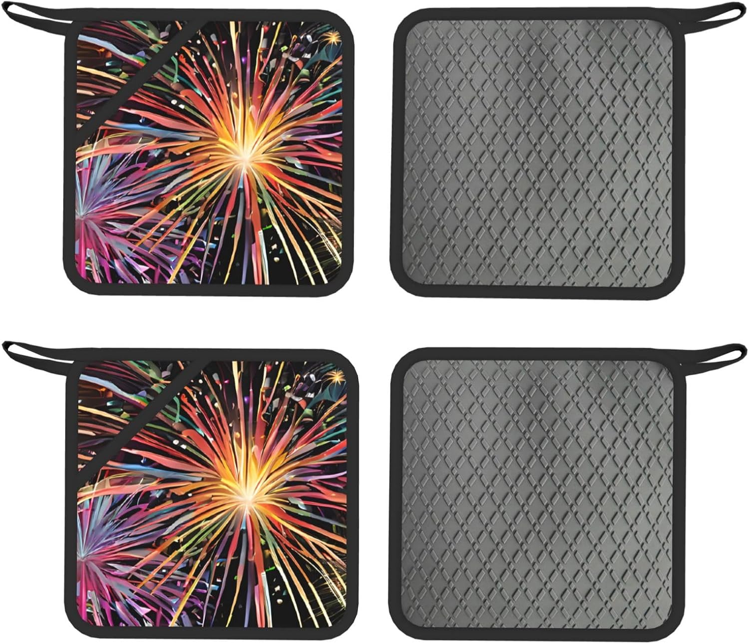 Explosion Firework 3D Oven Mitts and Pot Holders Set of 4 Heat Resistant Kitchen Gloves with Silicone Palm Hot Pads for Baking Cooking Grilling BBQ