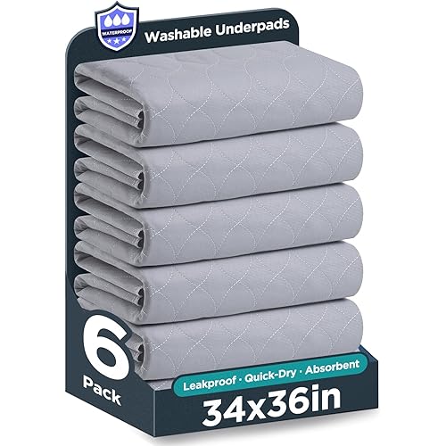 Washable Bed Pads 34" x 36" - 6 Pack, Grey, Waterproof Bed Pads for Incontinence, Bed Wetting Pads for Bed, Sofa, Floor, Resuable Underpads for Adults, Seniors, Pet