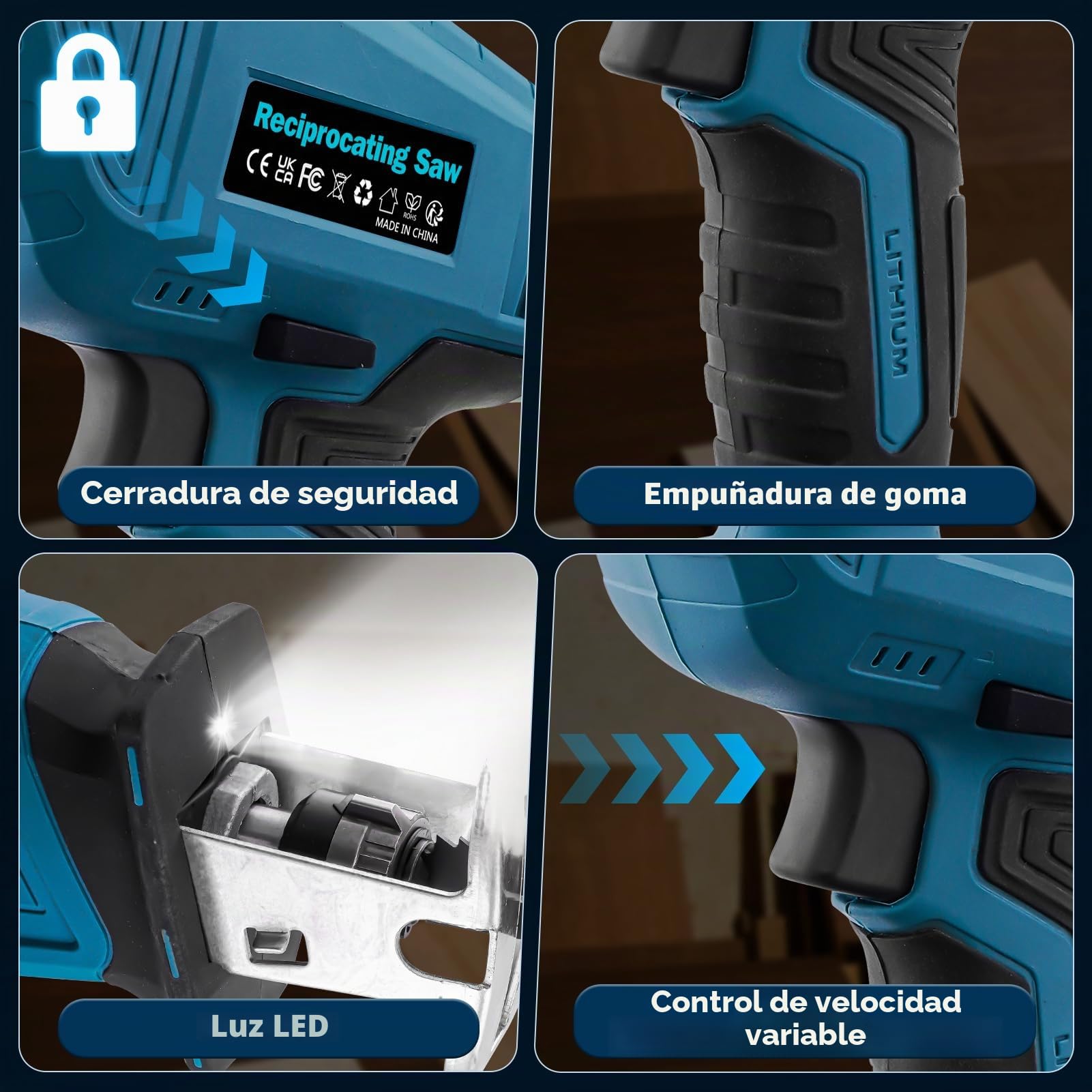 Sierra de Sable a Batería 21V sin escobillas – Velocidad variable 0-4000 rpm, 2 Baterías, 8 Hojas de Sierra, Luz LED y Cargador Rápido. Corta Madera, Metal, PVC – en Azul