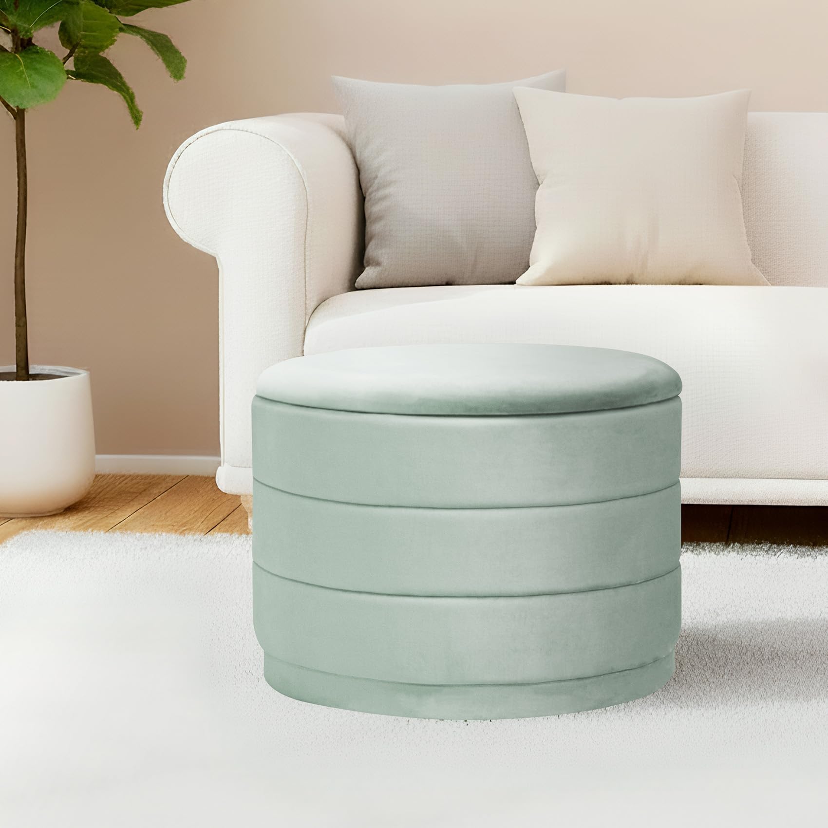 Bonlife Otomana Redonda con Tapa, reposapiés Plegable con Mesa, reposapiés, reposapiés para salón, Dormitorio, Pasillo, Terciopelo Color Salvia, 58 x 58 x 44 cm