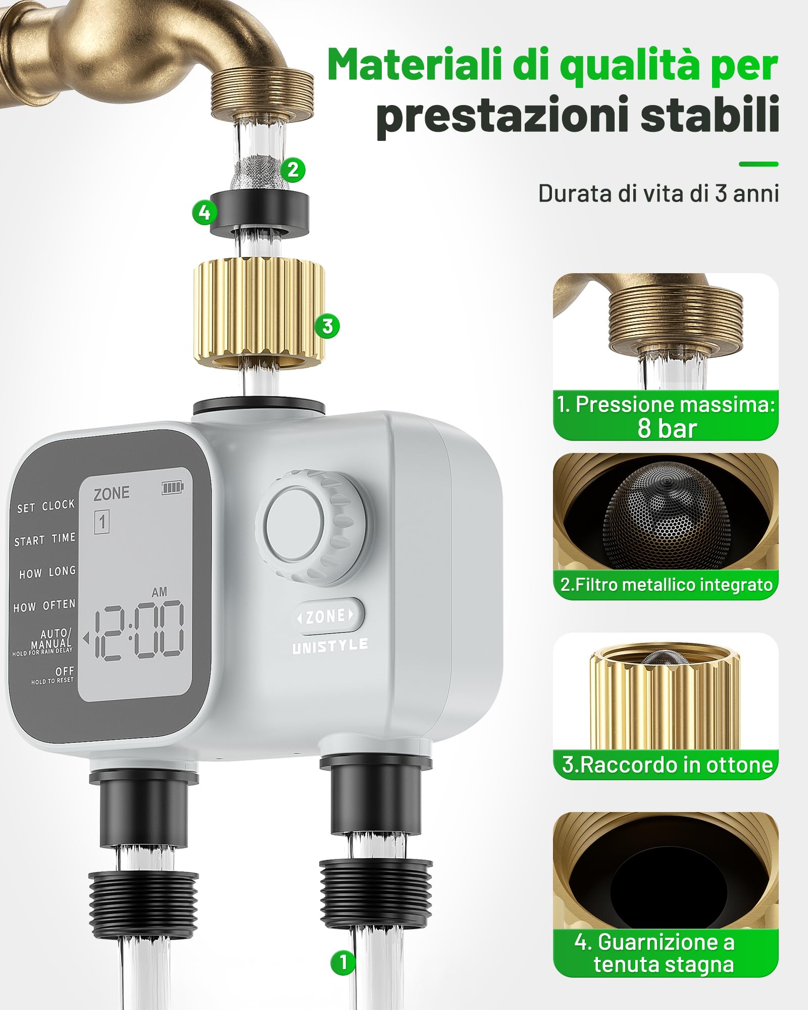 Unistyle Centralina Irrigazione 2 Vie | Nuovo modello 2026 – Timer Irrigazione Automatica del Giardino, Funzionamento Semplice e Intuitivo, Controllo preciso, Programmi di Irrigazione Flessibili