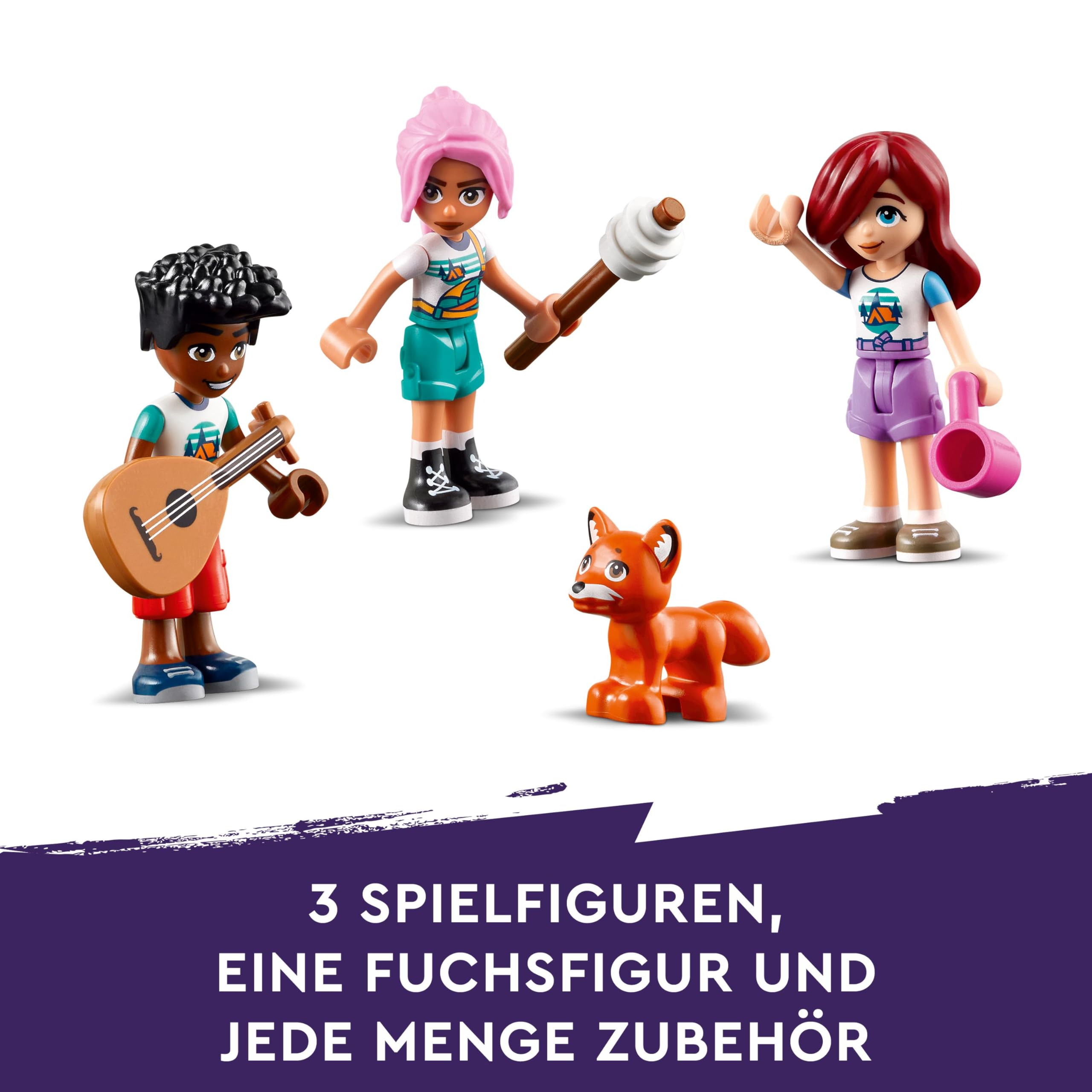 LEGO Friends Gemütliche Hütten im Abenteuercamp, Spielset für Rollenspiele in freier Natur, Kinderspielzeug für Mädchen und Jungen ab 7 Jahren mit 3 Spielfiguren und Fuchs, Camping-Spielzeug 42624