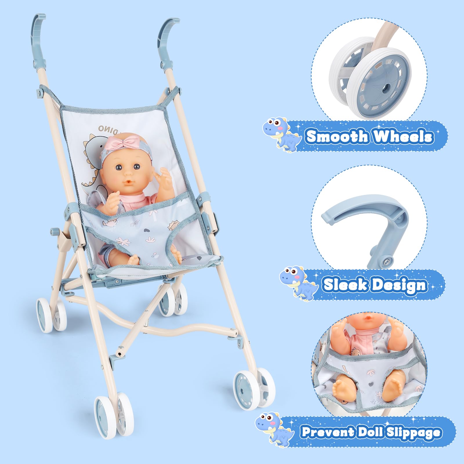 deAO Set de Accesorios para Muñecas - con 30CM Muñeca, Cochecitos Plegable, Tronas, Cunas, Bolsa para Guardar, Vajilla - Juguetes para Juegos de rol, Regalo Ideal para Niñas a Partir de 3 Años
