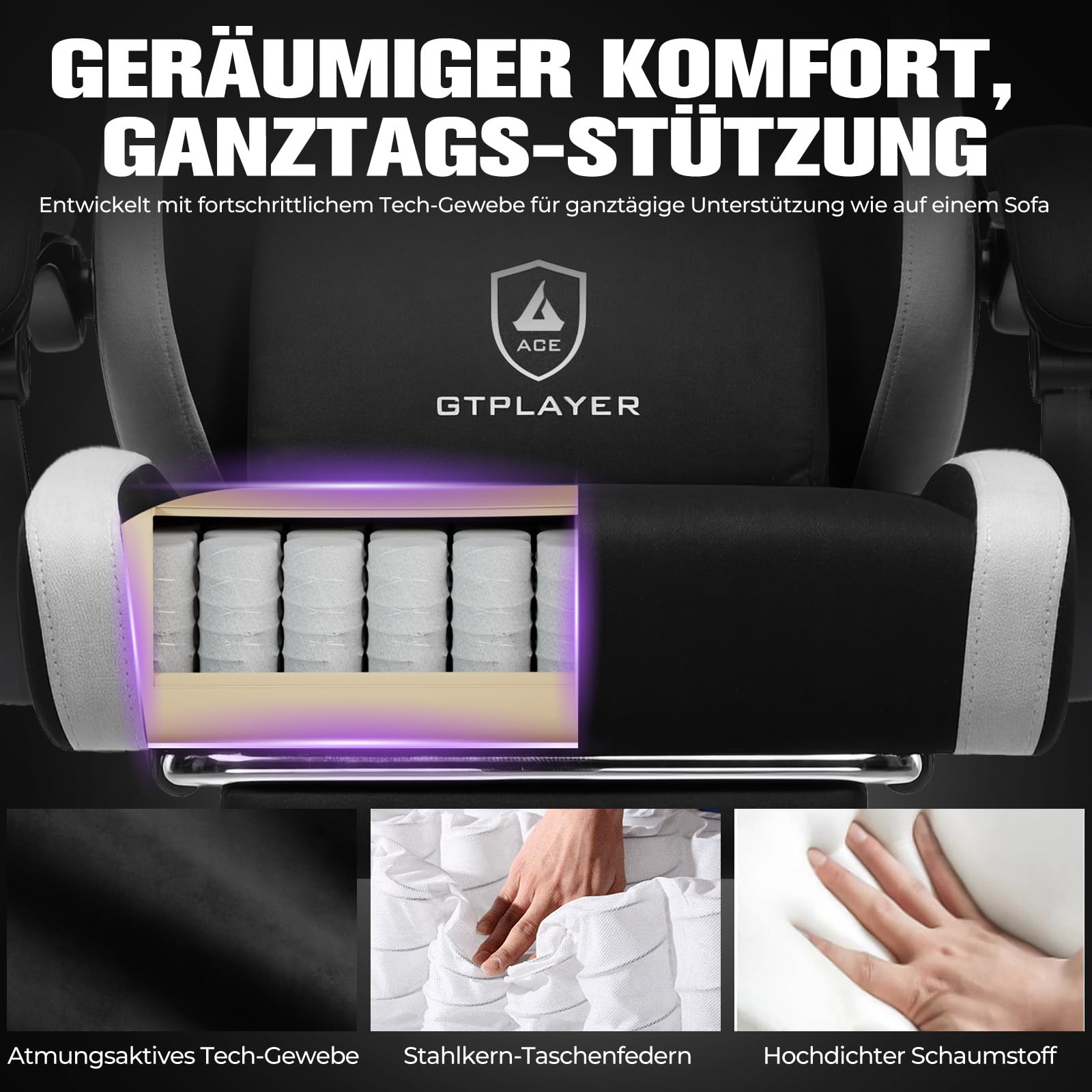 GTPLAYER Gaming Stuhl Ergonomischer, PC Stuhl Atmungsaktiver Stoff, Groß und Hoch Drehbarer Schreibtischstuhl mit Fußstütze,Verstellbare Lendenwirbelstütze und Kopfstütze,Schwarz