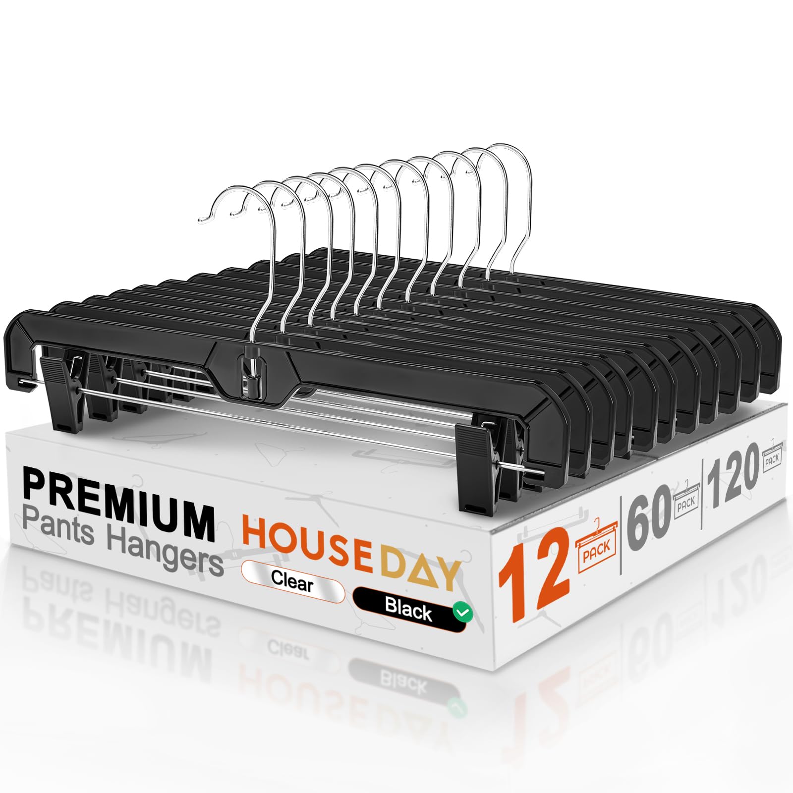 HOUSE DAY Pants Hangers 12 Pack Skirt Hangers with Clips 14 Inch Plastic Pants Hangers 360-Rotating Stainless Steel Clips,Hangers with Adjustable Clips, Hangers for Pants, Skirts, Jeans,Slacks(Black)