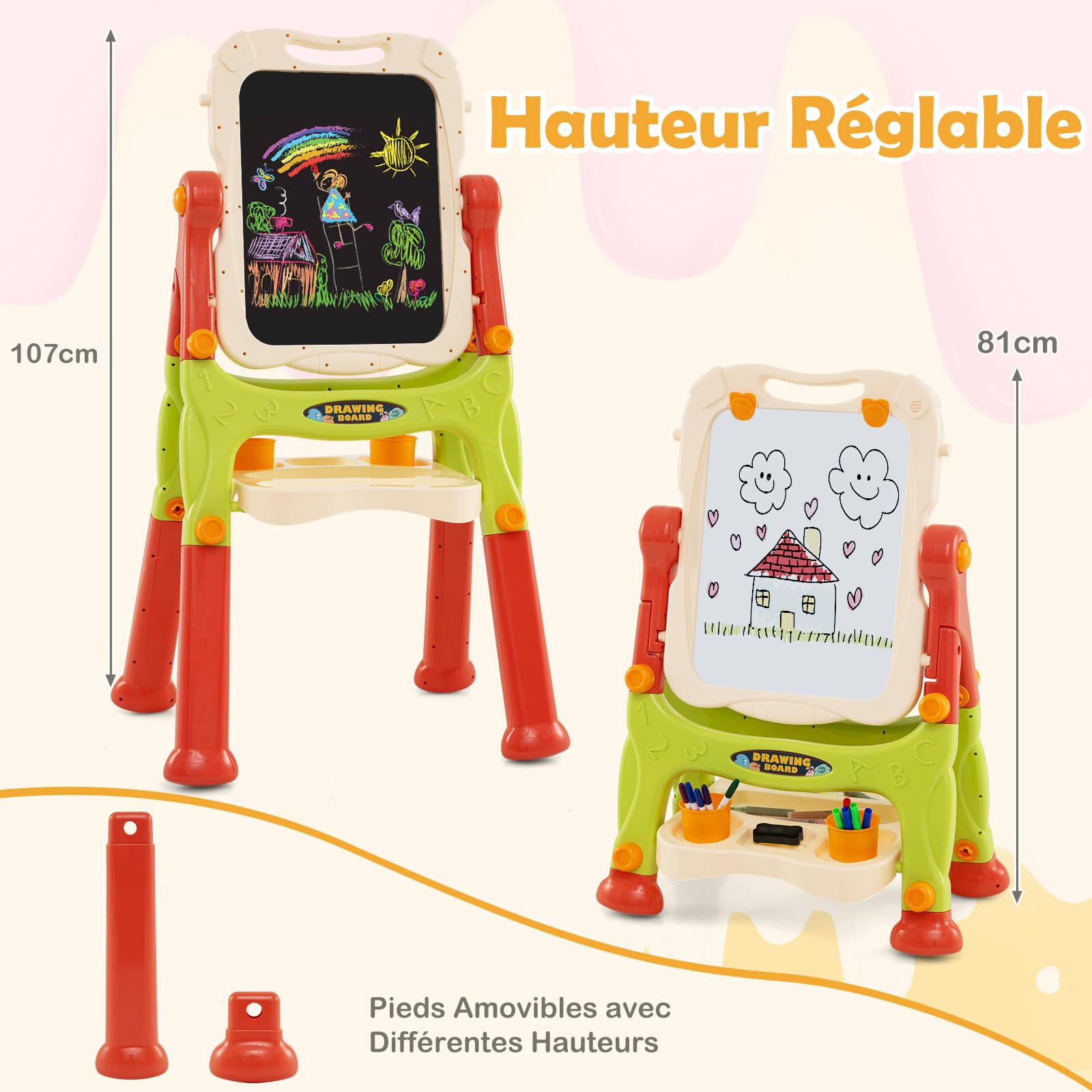 COSTWAY Tableau Enfant Double Face Réglable 360° - Chevalet Avec Rangement Orange