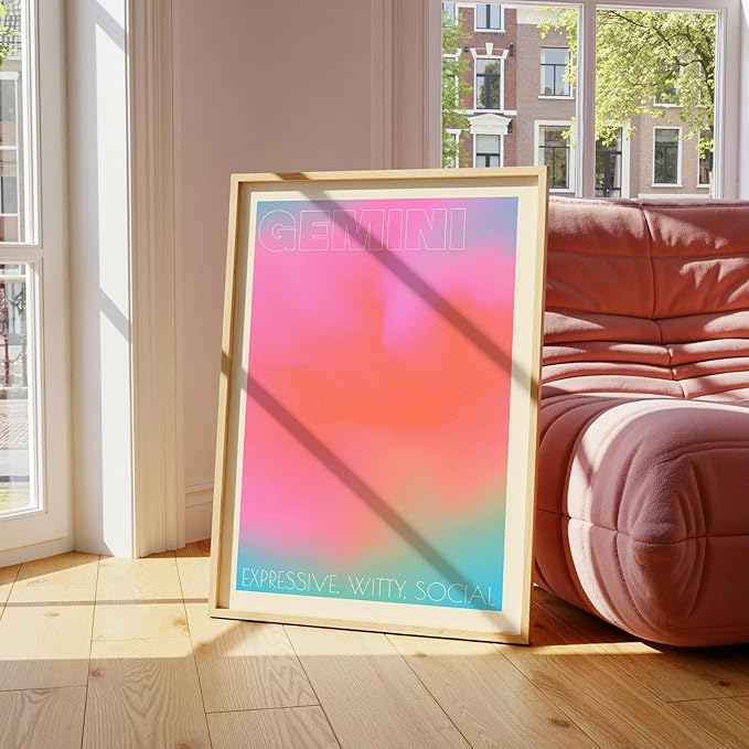 Gemini Zodiac Sign Wall Art with Gradient Aura in retro pastel style, expressive astrology print for living room or bedroom decor, a thoughtful spiritual gift