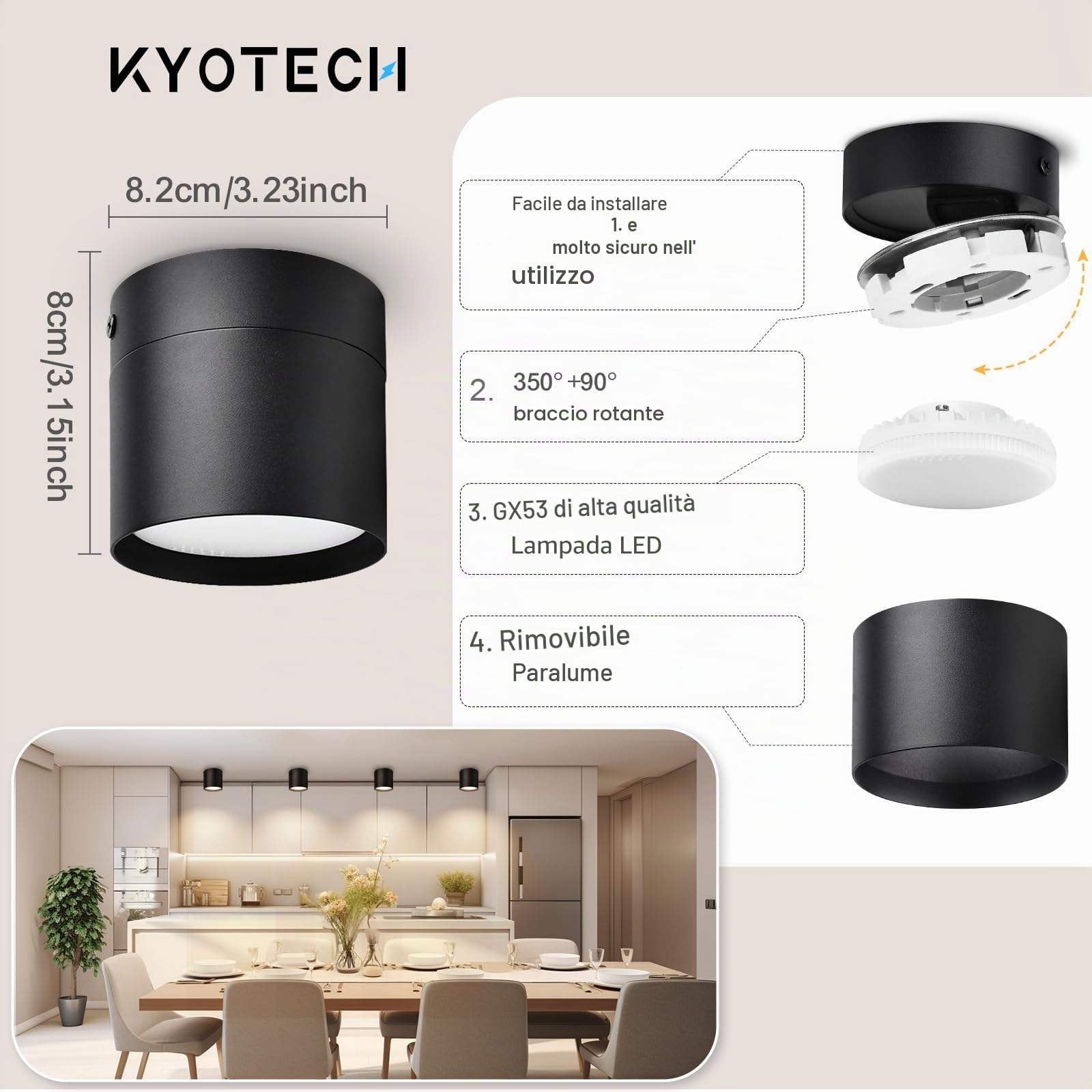 KYOTECH Set da 4 Faretto da soffitto a LED orientabili Ø84*80mm con intercambiabile 6W GX53 Lampadina LED Spot Light Nero Faretti da Soffitto luce Calda Bianca 3000K 550LM Apparecchio a Plafone