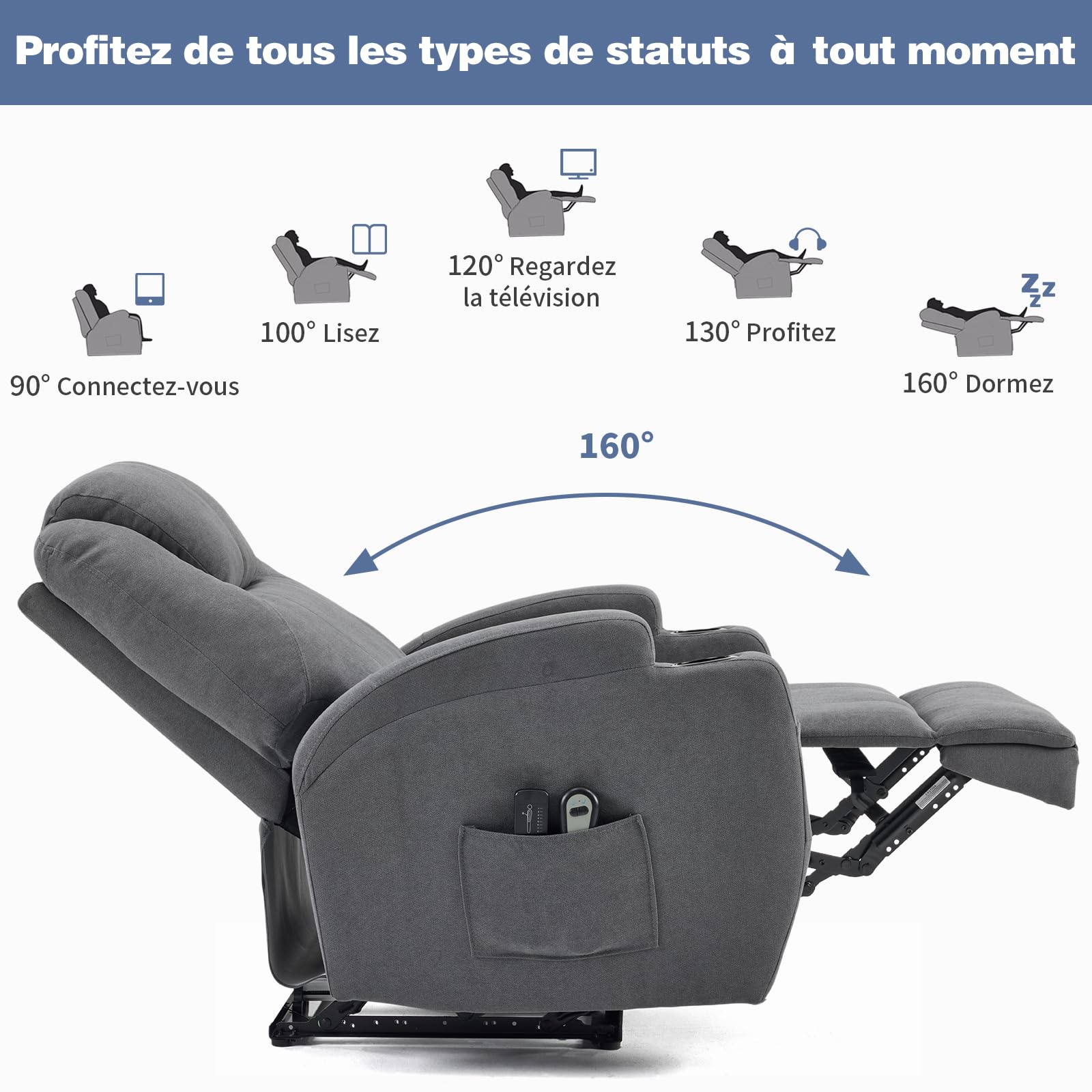 LEADZM Silla eléctrica, Silla de Relax eléctrica, Con función de masaje | de calefacción, control remoto de inclinación relajante con reposapiés, capacidad de carga, 160 kg, gris oscuro