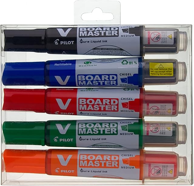 Pilot Begreen Recycled V Board Master Whiteboard Marker Chisel 2.2-5.2 mm Tip - Black/Red/Blue/Green/Orange, Wallet of 5