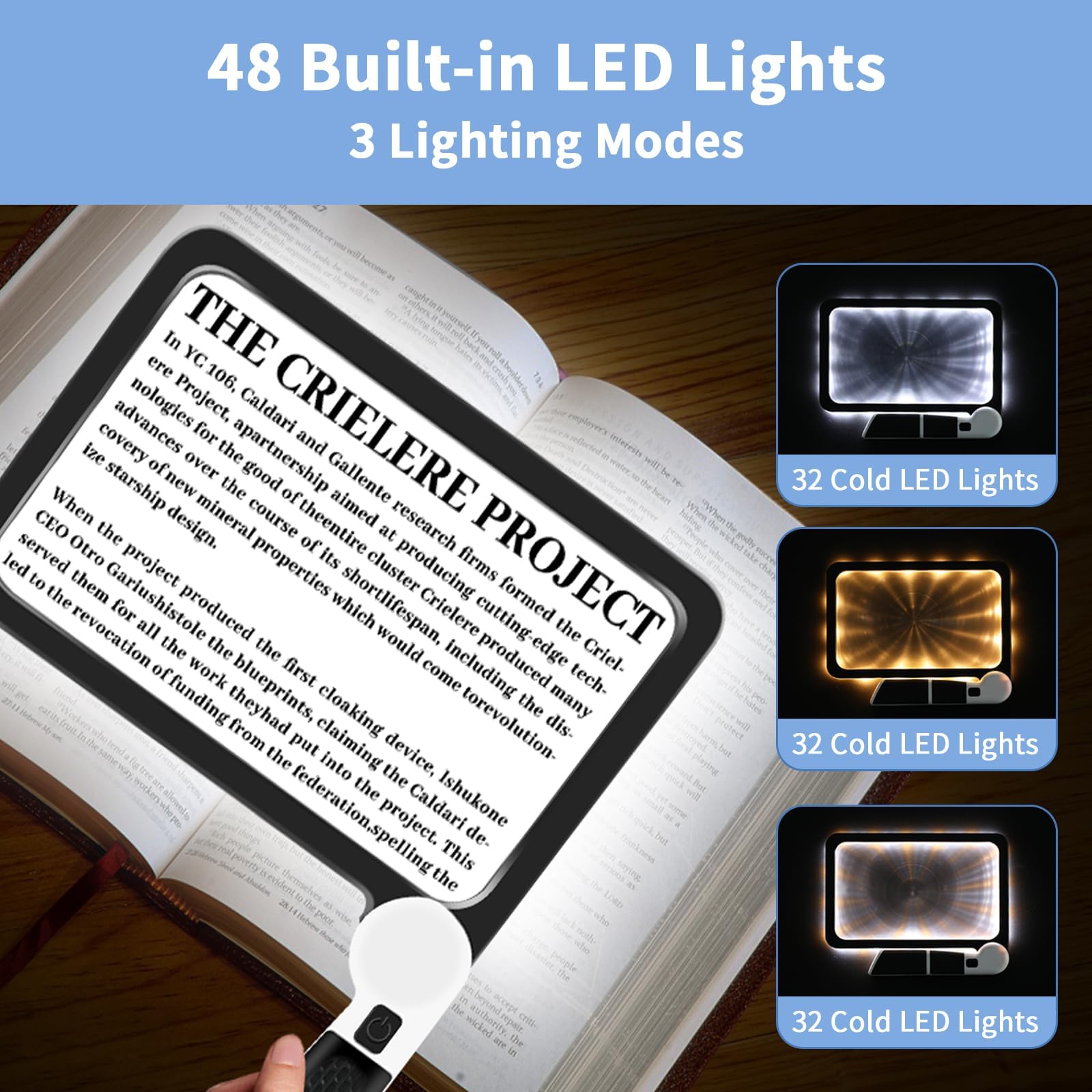 Lupa 5X con luz, lupa de mano para leer, lupa de página completa con 48 luces LED y lente antirreflejos, ideal para personas mayores y baja visión