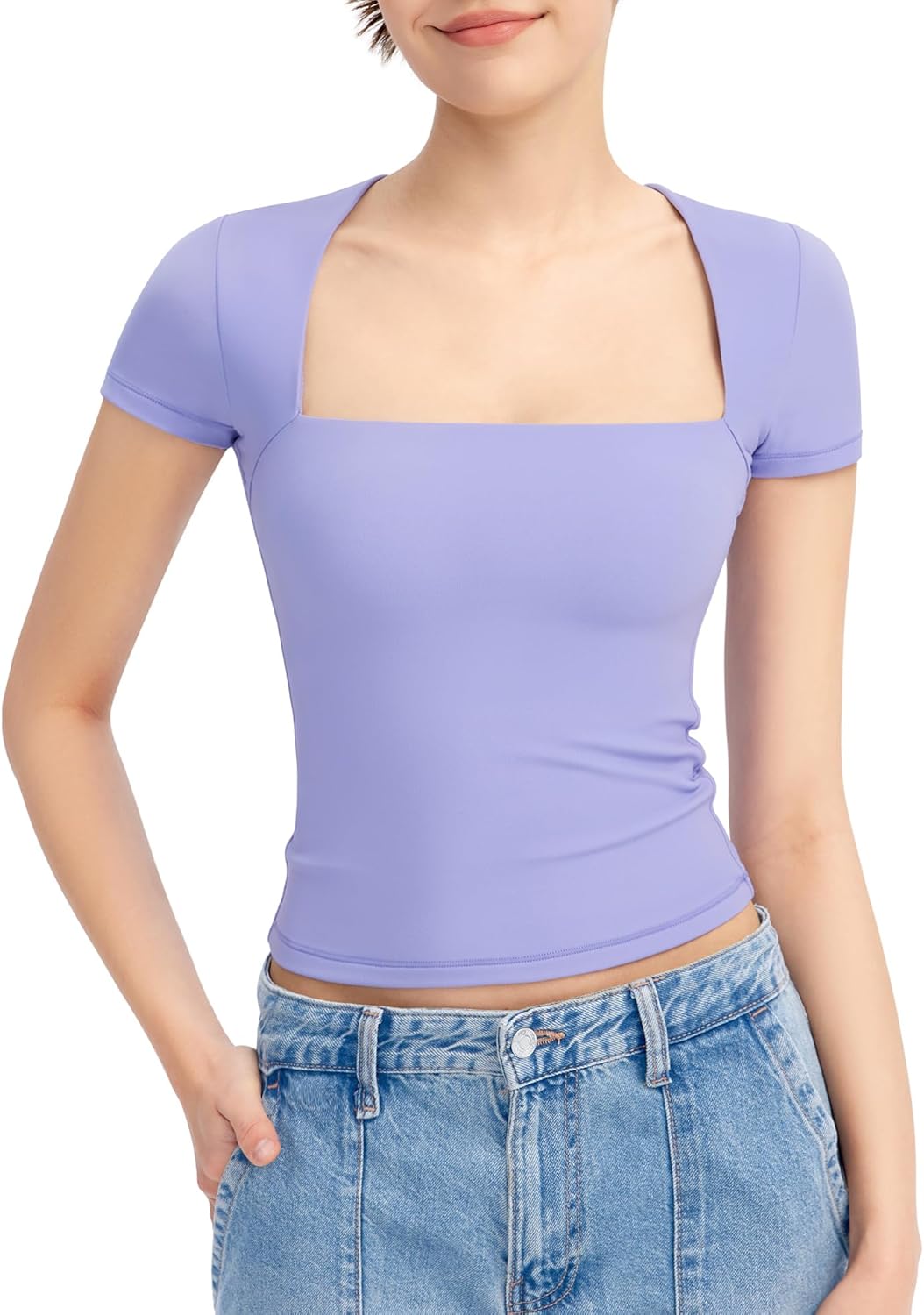 PUMIEY Women's Short Sleeve T Shirts Square Neck Going Out Tops Slim Fit Basic Tee Smoke Cloud Pro Collection