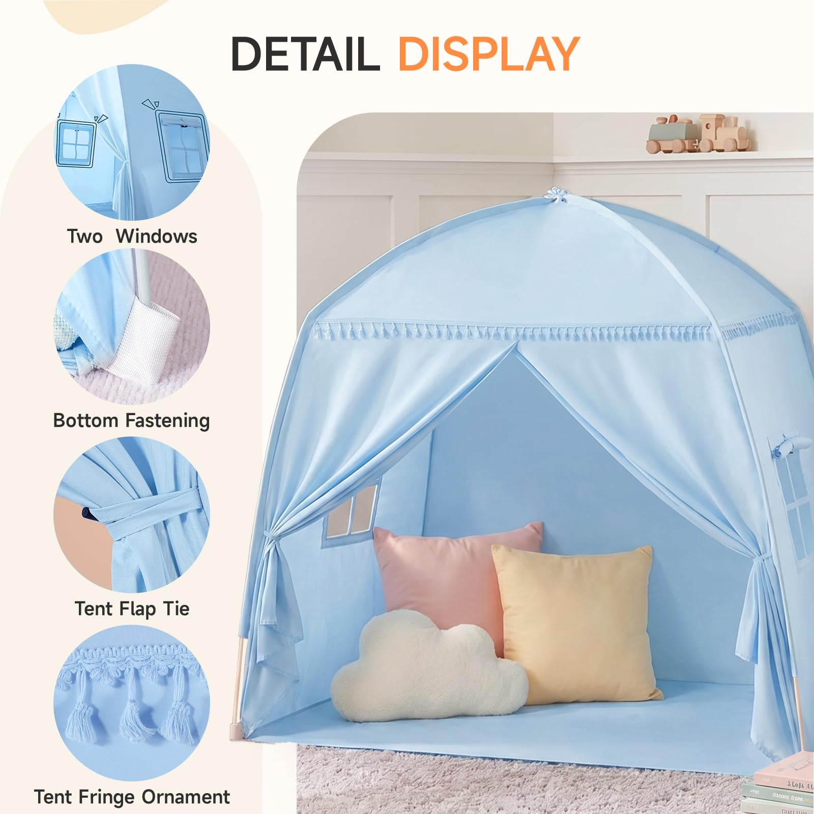 Bettzelt Kinderzimmer Kinderzelt: Großes Indoor-Spielhaus, tragbar und faltbar, für Einzelbett und Etagenbett, Kinderhöhle zum Spielen und Schlafen für Mädchen und Jungen (Hellblau)