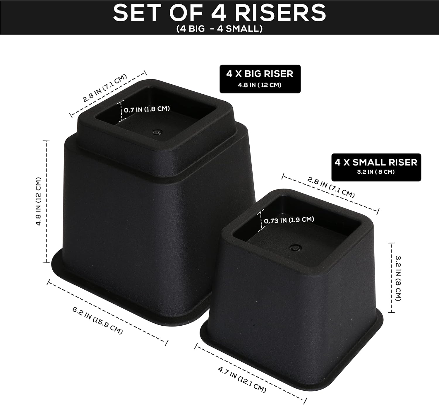 Utopia Bedding Adjustable Bed Furniture Risers - Elevation in Heights 3, 5 or 8 Inch Heavy Duty Risers for Sofa and Table - Supports up to 1,300 lbs - (Set of 4 Riser, Black)
