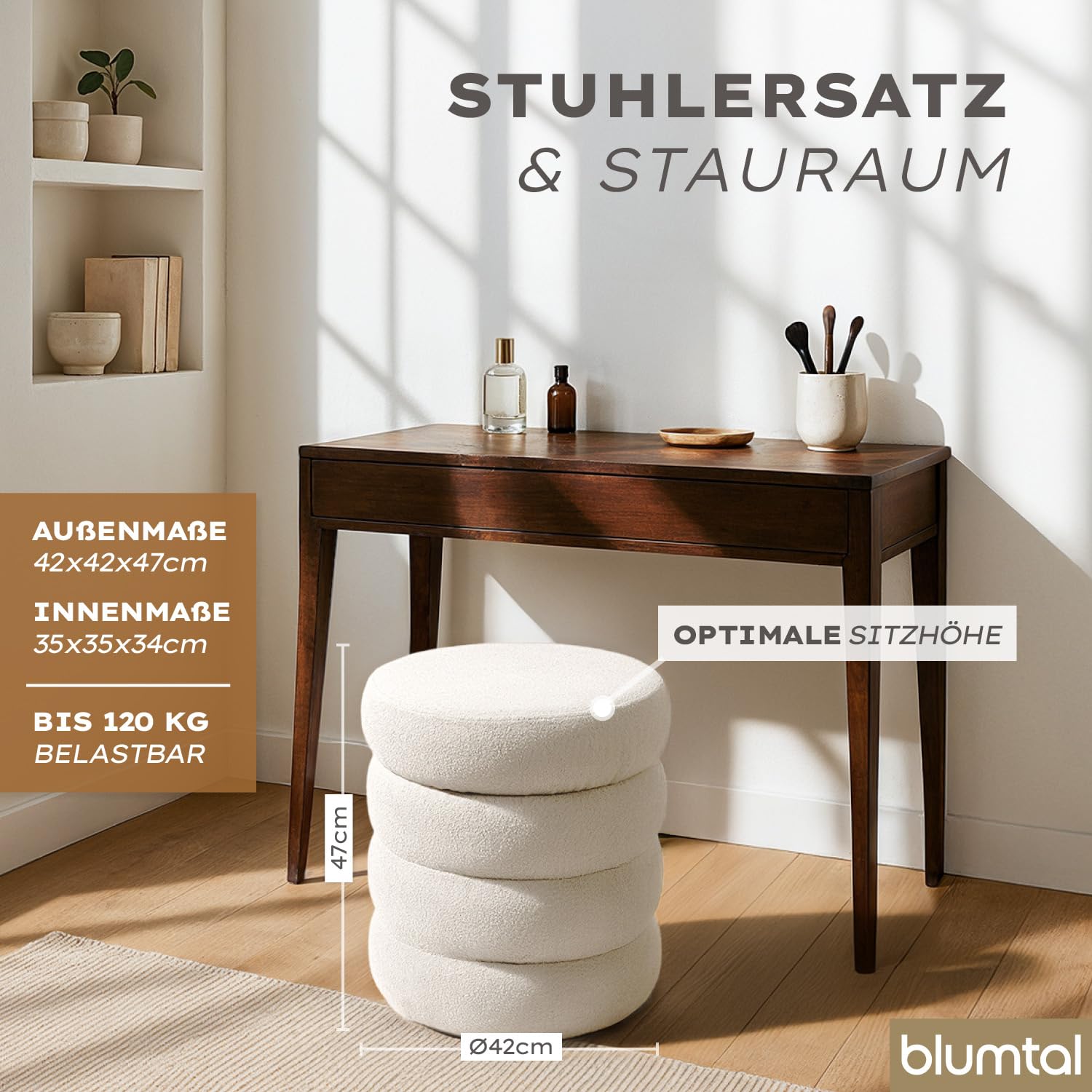 Blumtal Hocker mit Stauraum rund, Bouclé-Bezug - robuster Sitzhocker mit Stauraum & Bouclé-Stoff-Bezug 42 x 42 x 47 cm - kleiner Hocker Schminktisch - wunderschöner Bouclé-Look - Sitzhocker rund Creme