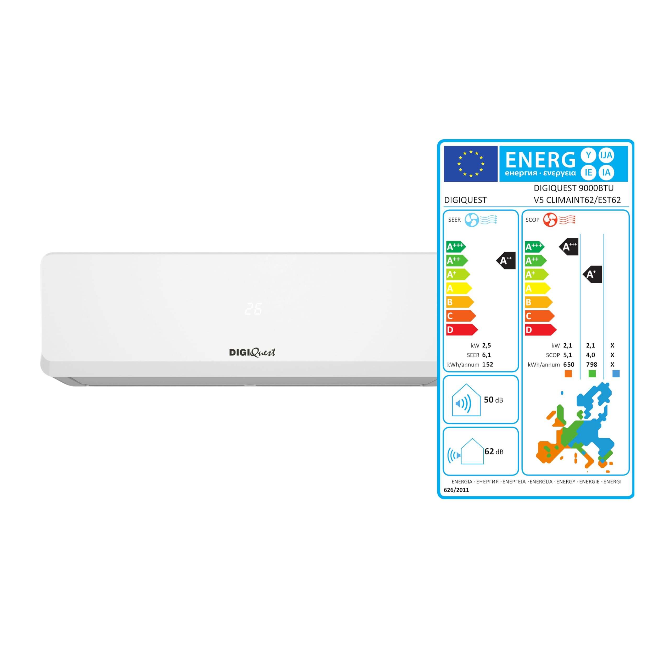 Digiquest Climatiseur inverter V5 9000BTU, Wifi intégré, R32, classe d'efficacité énergétique A+++ refroidissement//A+++ chauffage, I Feel, flux d'air 3D, turbo, nuit, SEER 6,1, SCOP 5,1, CLIMA00062