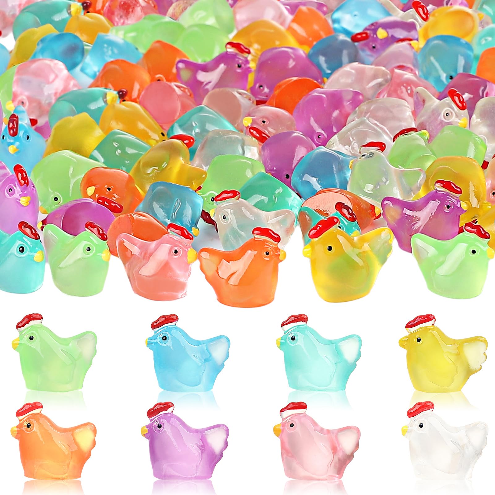 40pcs Luminous Mini Chicken Figurines Resin Miniature Animals 8 Colors Tiny Chickens Miniature Glow in The Dark for Outdoor Garden Party Potted Plant Diy Dollhouse Micro Landscape Tiny Home Decor