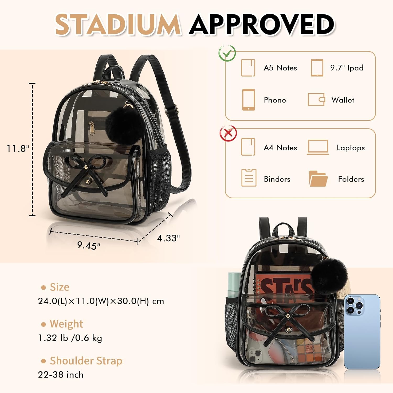 Clear Backpack for Stadium Events 12x12x6, Thick PVC Small Clear Bag with Leather Trim Fashion Women Backpack - Image 3