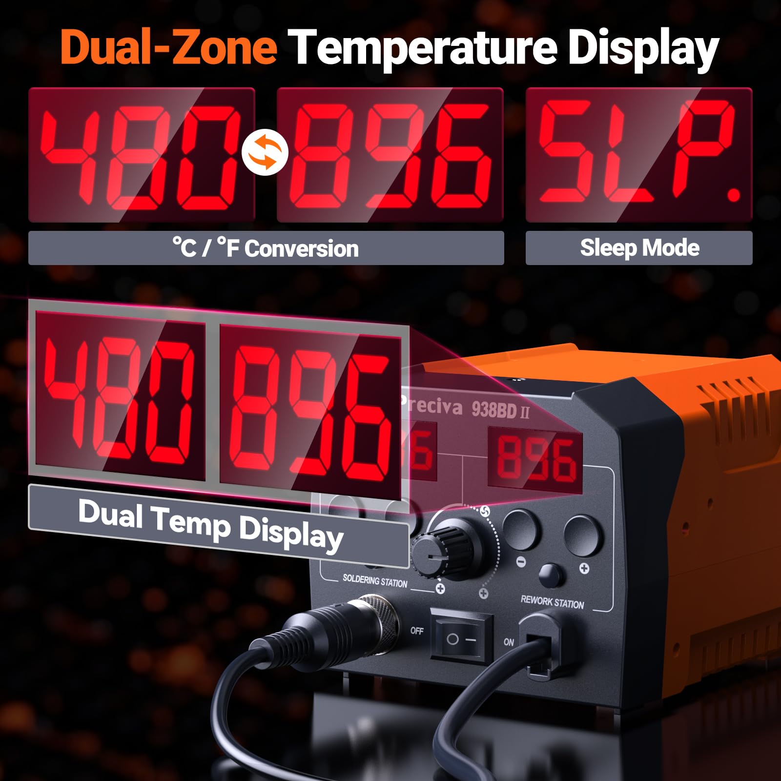 Preciva Estación de Soldadura 740W, 2 en 1 Soldador Estaño con Aire Caliente y Cautín, Doble Pantalla Digital, Función Reposo 10 Min, Lupa 5X con Luz, Pinzas Tercera Mano para Reparación Electrónica