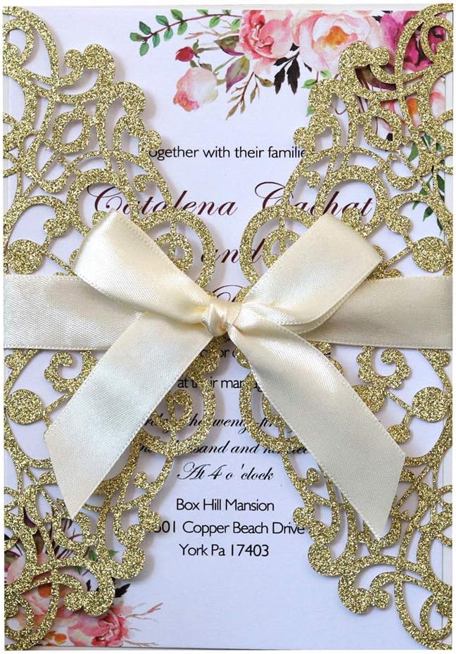 wishforyou 100pcs Gold Silver Glitter Laser Cut Invitations Card Covers Lace Hollow Greeting Cards Invites Party Invitation covers (Gold Set)