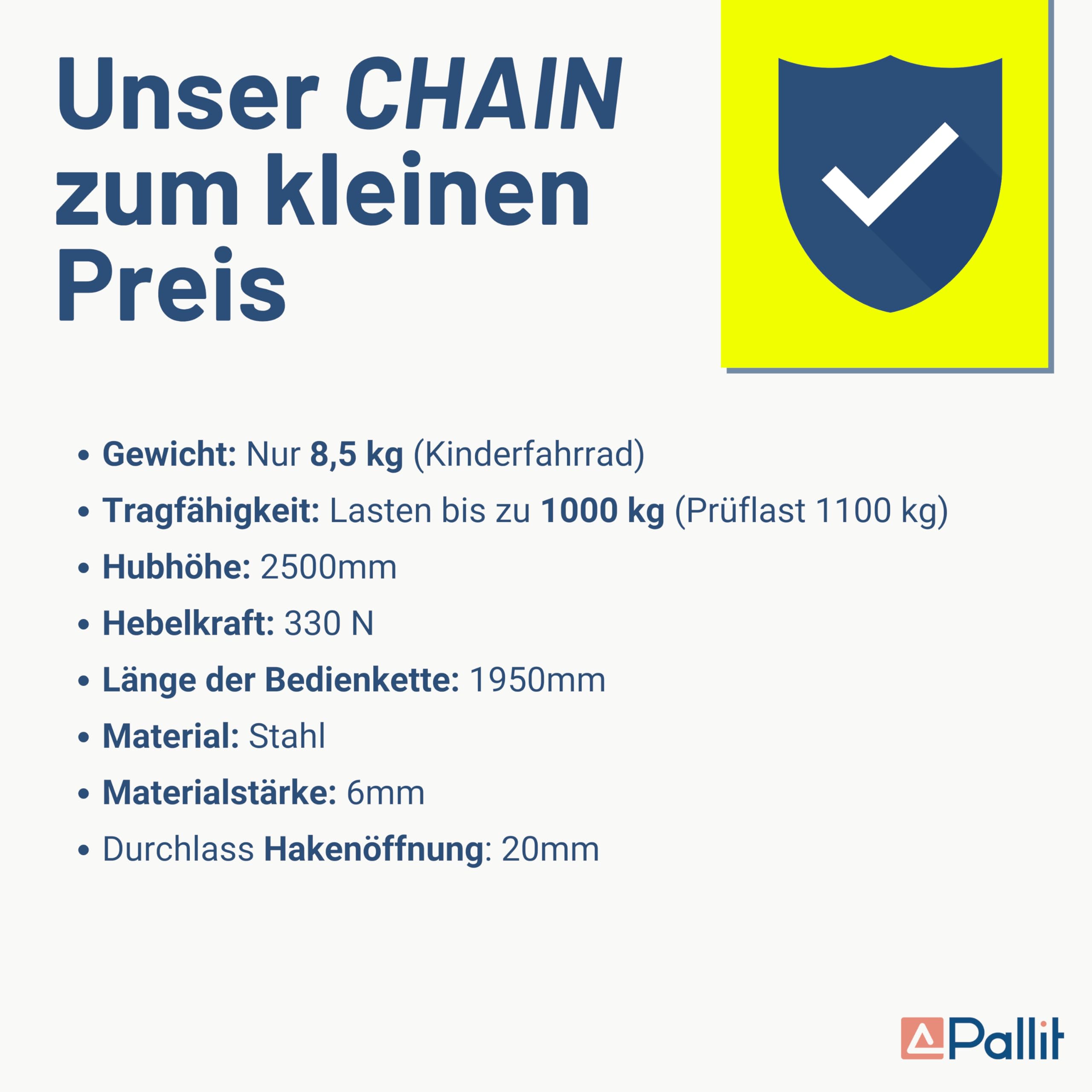 Pallit Kettenzug Flaschenzug 1000 kg Tragkraft mit 2,5 m langer Stahlkette Robuster Seilzug mit 360° drehbarer Haken, Mechanischer Lastbremse und Rücklaufsperre CHAIN-S