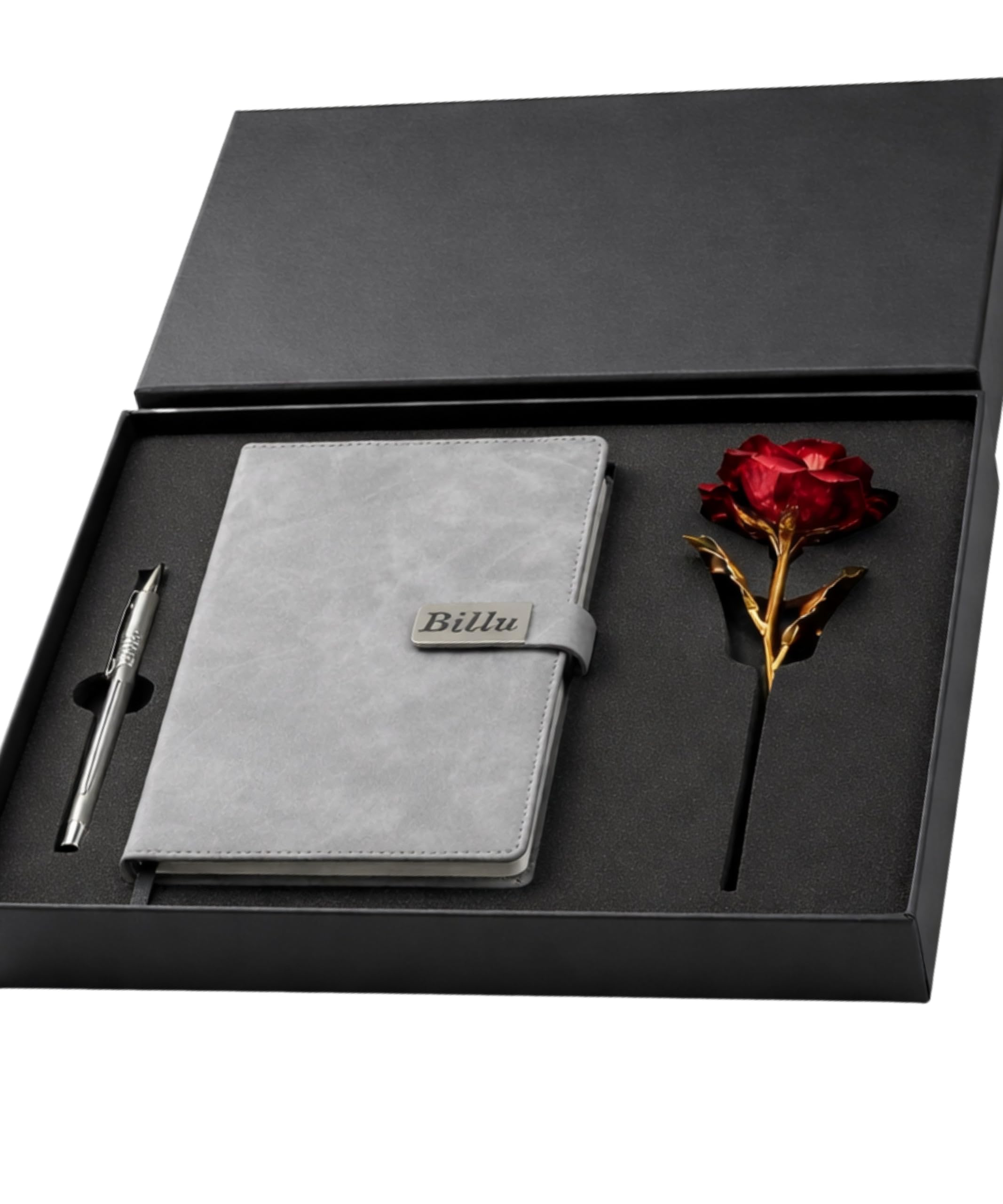 Personalized Diary & Pen Gift Set with Name Engraving | Leather Diary Combo with Decorative Rose | Customizable Gift for Birthday, Anniversary, Valetine & Special Occasions (Grey)-image-26