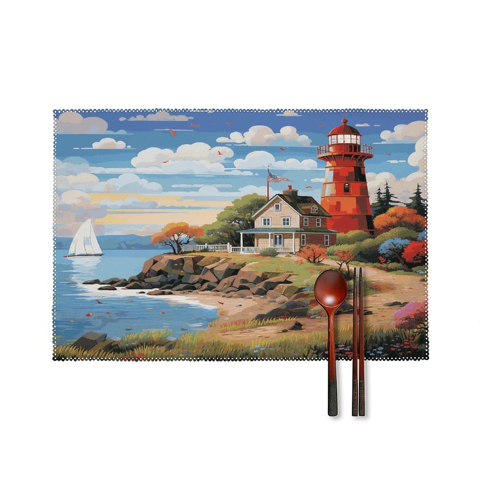 Coastal Lighthouse Placemats Set of 6 Heat Resistant Non-Slip Place Mats Washable Wipeable Table Mats Elegant Farmhouse Placemat for Kitchen Dining Outdoor Party Table Decor