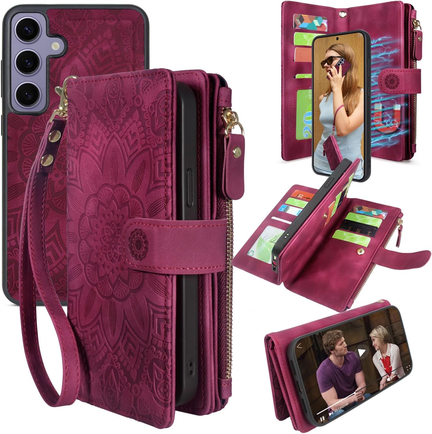 Harryshell Detachable Magnetic Zipper Wallet Leather Case with Cash Coin Pocket 12 Card Slots Holder Wrist Strap Lanyard for Samsung Galaxy S24 5G 6.2 inch (2024) (Flower Blue Green)
