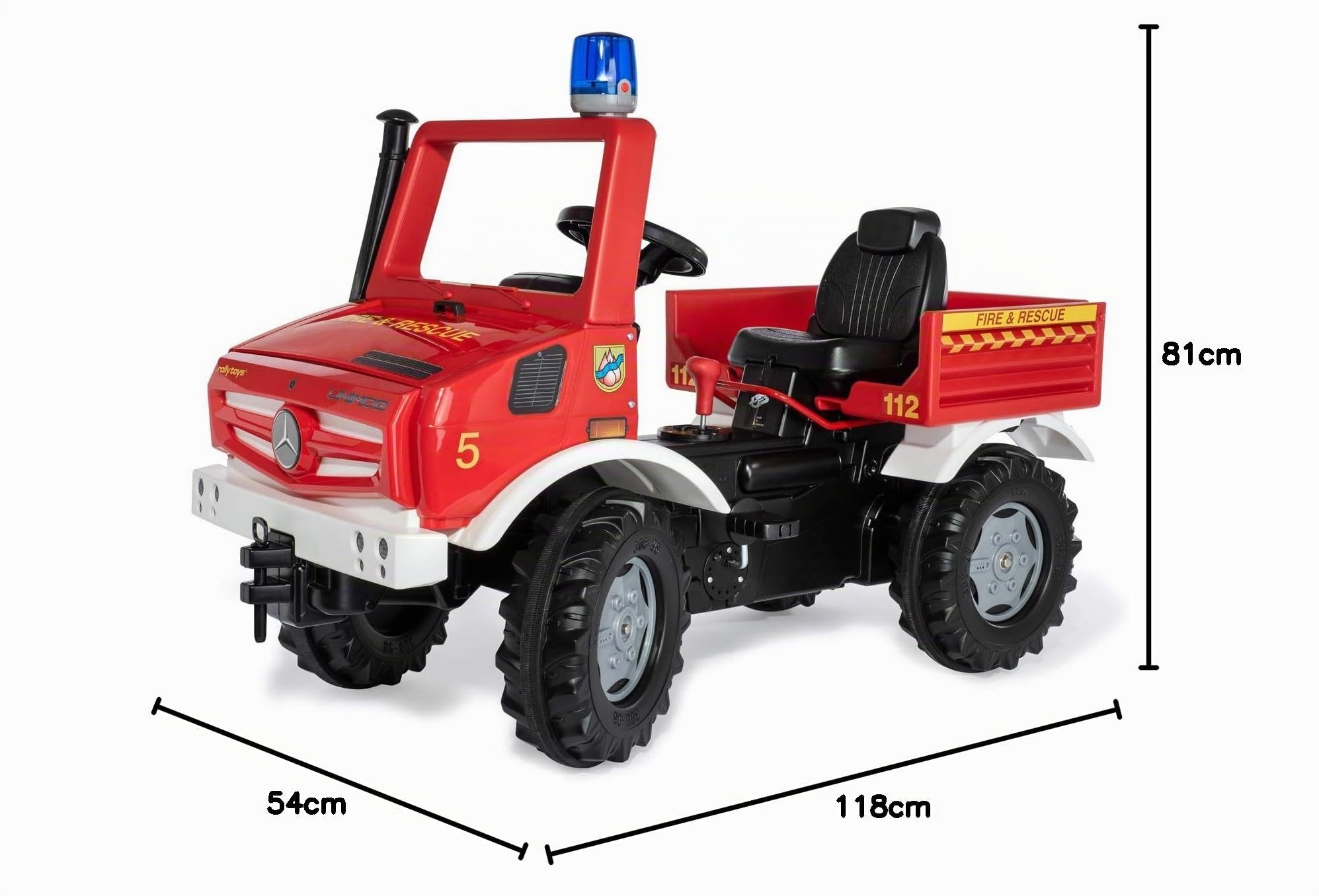 Rolly Toys 038220 RollyUnimog Fire Edition 2020 – Véhicule à Pédale avec RollyFlashlight, Siège Réglable, Pneus Silencieux, Rouge