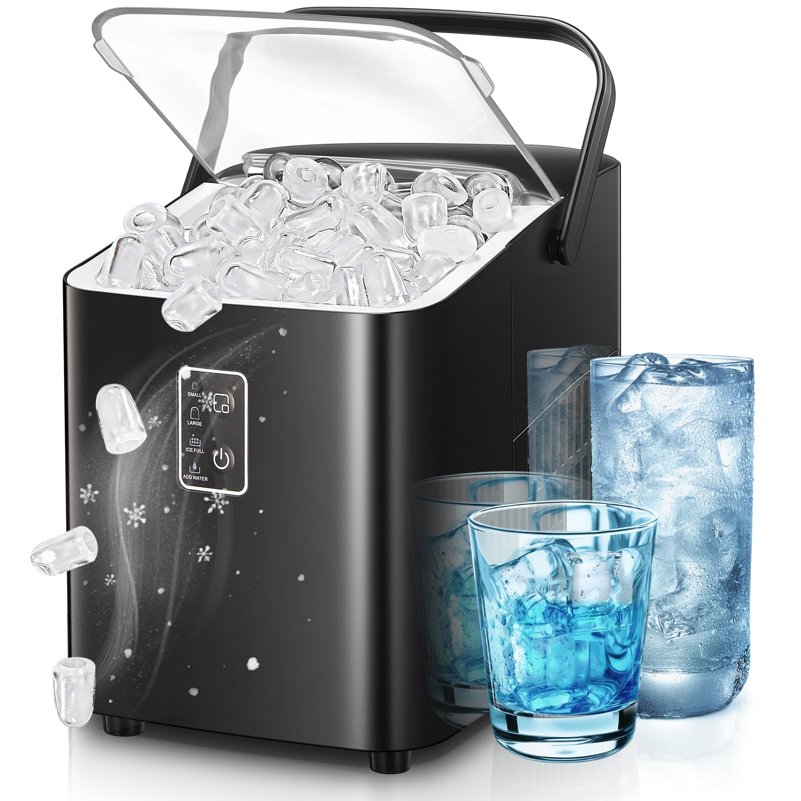 FOHERE Eiswürfelmaschine, Eiswürfel in 5 Minuten, 14KG in 24 Stunden, Selbstreinigender Mini Eiswürfelbereiter, 2 Eiswürfel Größen für Küche, Büro, Bar und Party (Tiefschwarz)