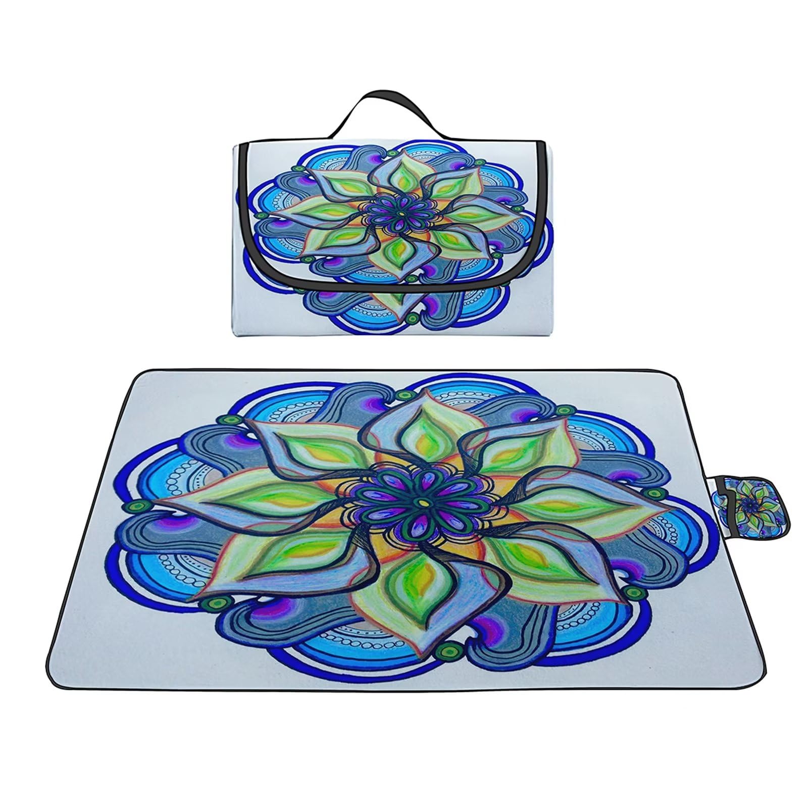 Manta de Picnic al Aire Libre, 200x300cm Alfombras de Playa, Mantas para pícnic Impermeable Prueba Arena Manta de Playa Plegable Portátil para Aire Libre Jardín Acampar Mantas Pícnic Mandala Azul