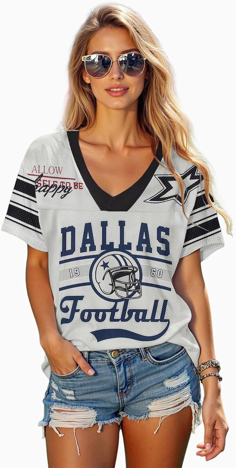 Football Jersey Shirt for Women Game Day T-Shirt Football Season V Neck Baggy Tee Y2k Streetwear Short Sleeve Tops