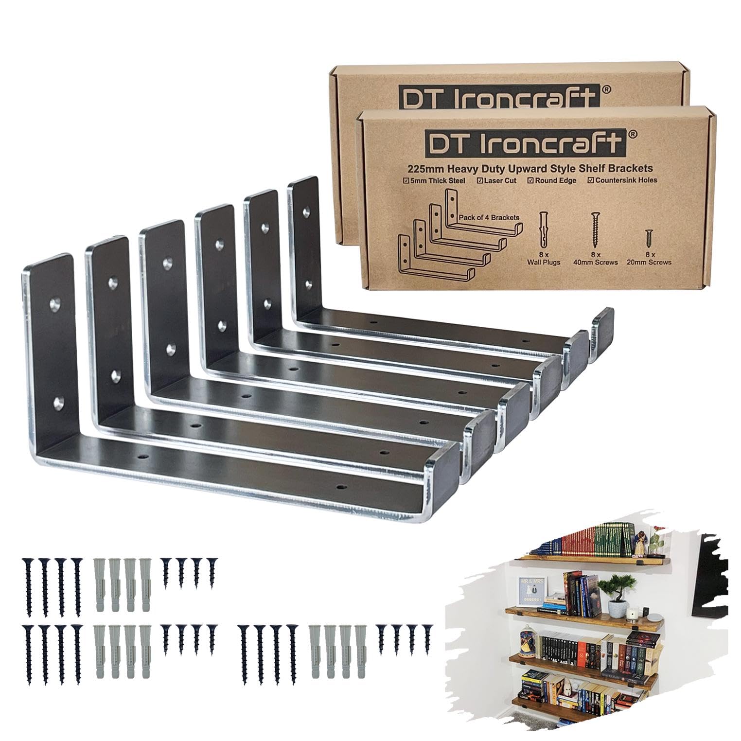 Shelf Brackets for Scaffold Board Shelving - Heavy Duty Durable Industrial Style 9 inch Shelf Bracket with Lip - Made from 5mm Steel by DT Ironcraft - 225x40mm (Raw Steel, Lip UP 6 pcs)