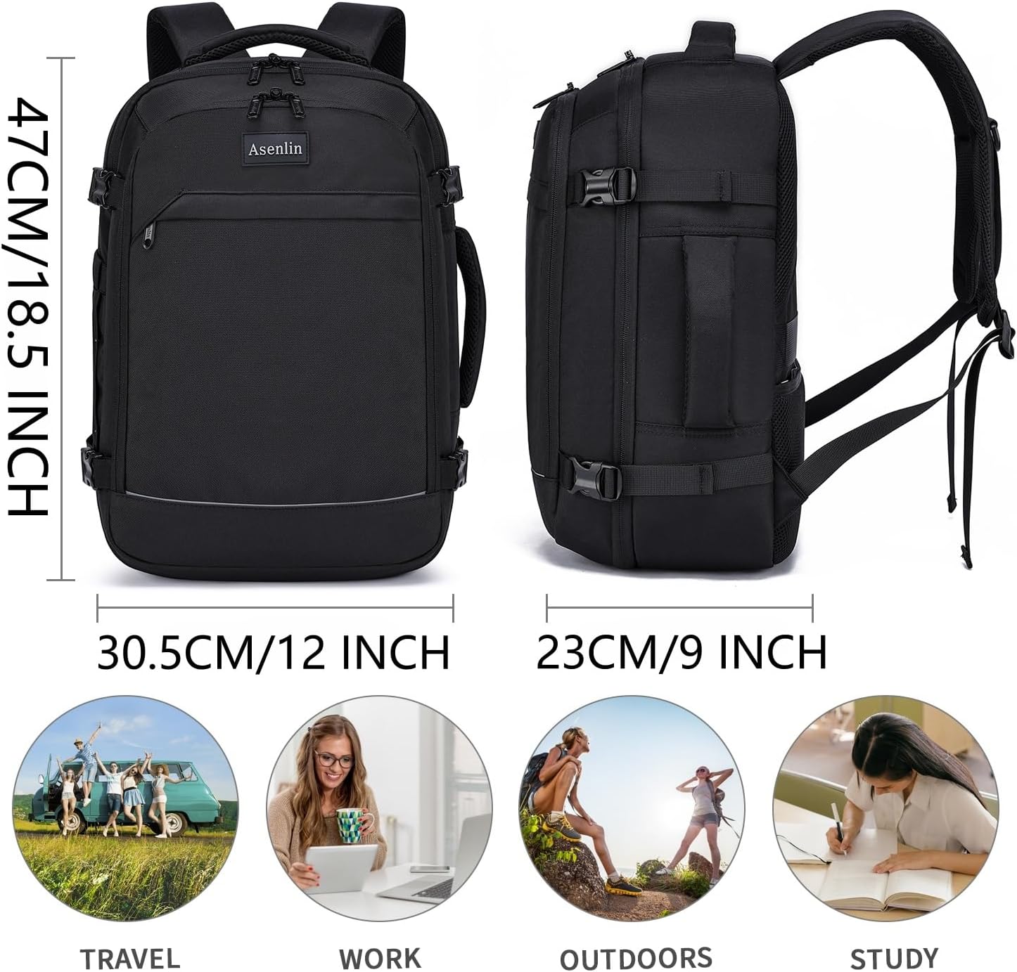Asenlin Travel Backpack for Women Men,Flight Approved Carry On Luggage 40L Water Resistant Business Laptop Backpacks Fits TSA 17.3 Inch Computer College Weekender Outdoor Hiking-Black