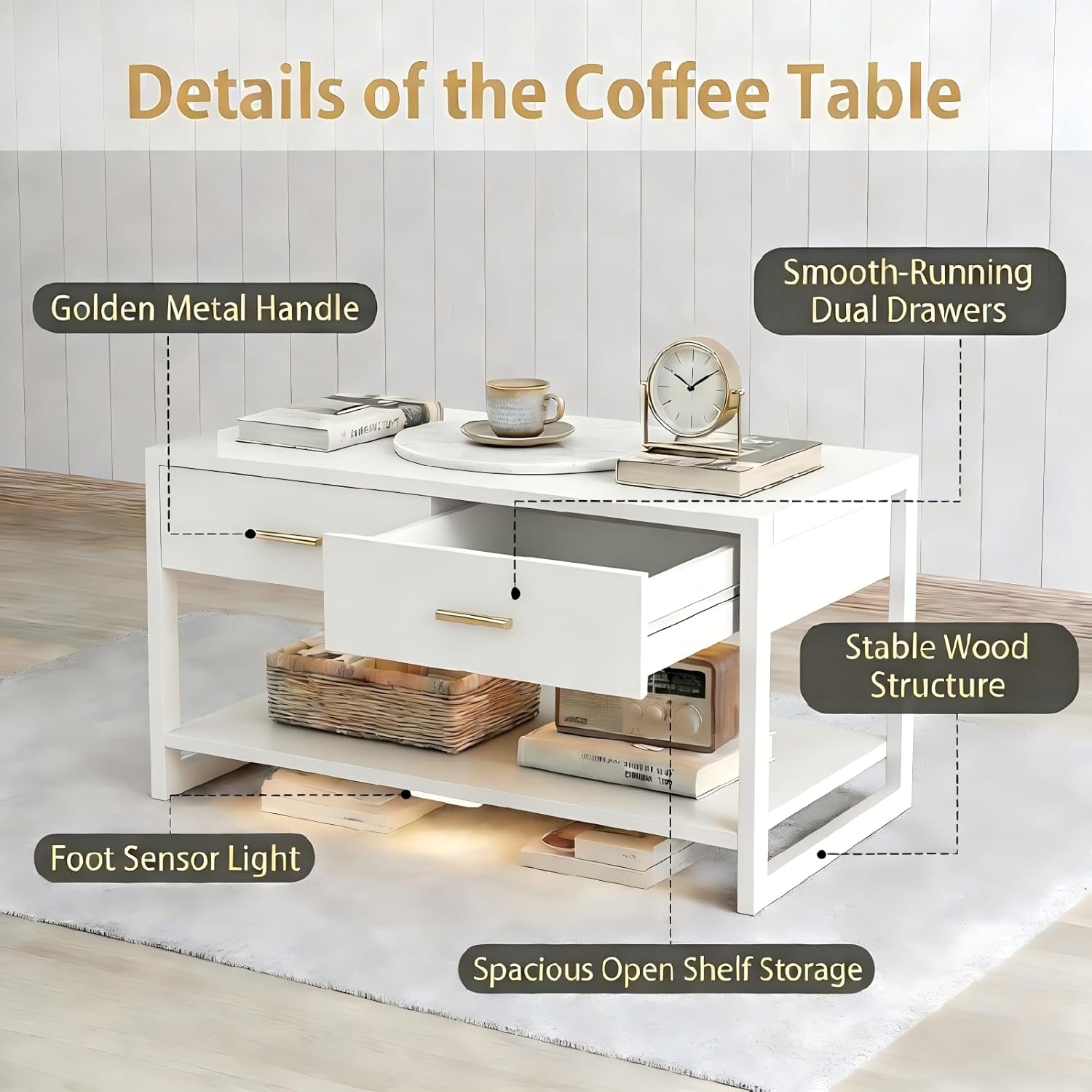 Multi-Functional Coffee Table with Foot-Sensor Light, 2 Large Drawers & Open Shelf, Sturdy Frame Versatile Coffee Table with Vintage Metal Handle for Living Room/Office/Outdoor Patio