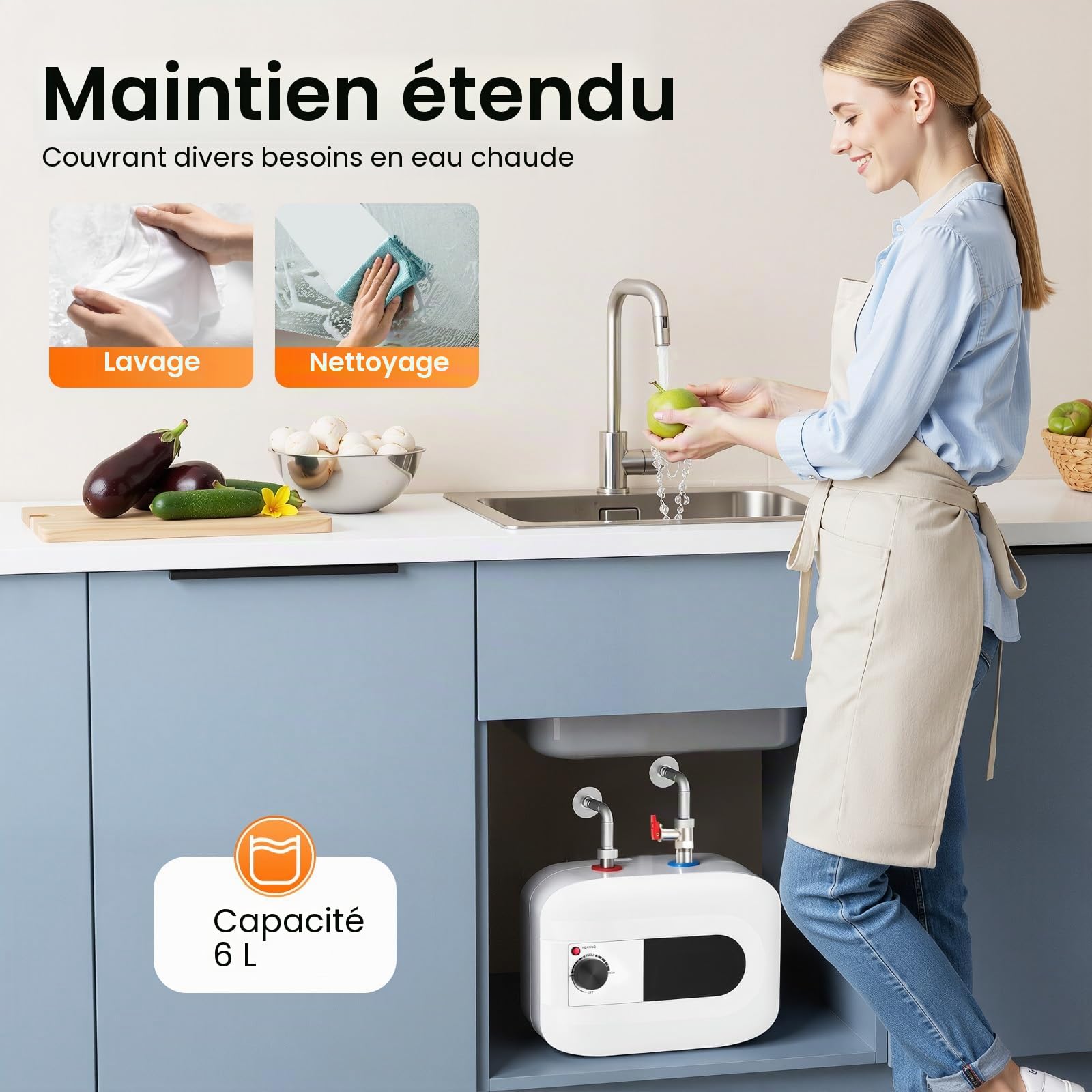 Chauff-eau électrique 6L, Mini chauffe eau instantané electrique 220V 1500W chauffe-eau cuisine d'eau sous évier 30-65℃, Montage mural Chauffe-eau électrique sans réservoir